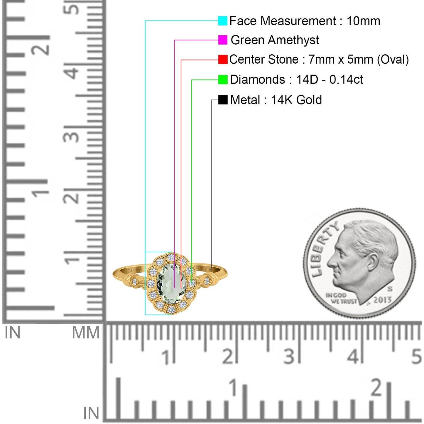 14K Yellow Gold 0.9ct Oval 7mmx5mm G SI Natural Green Amethyst Diamond Engagement Wedding Ring Size 6.5