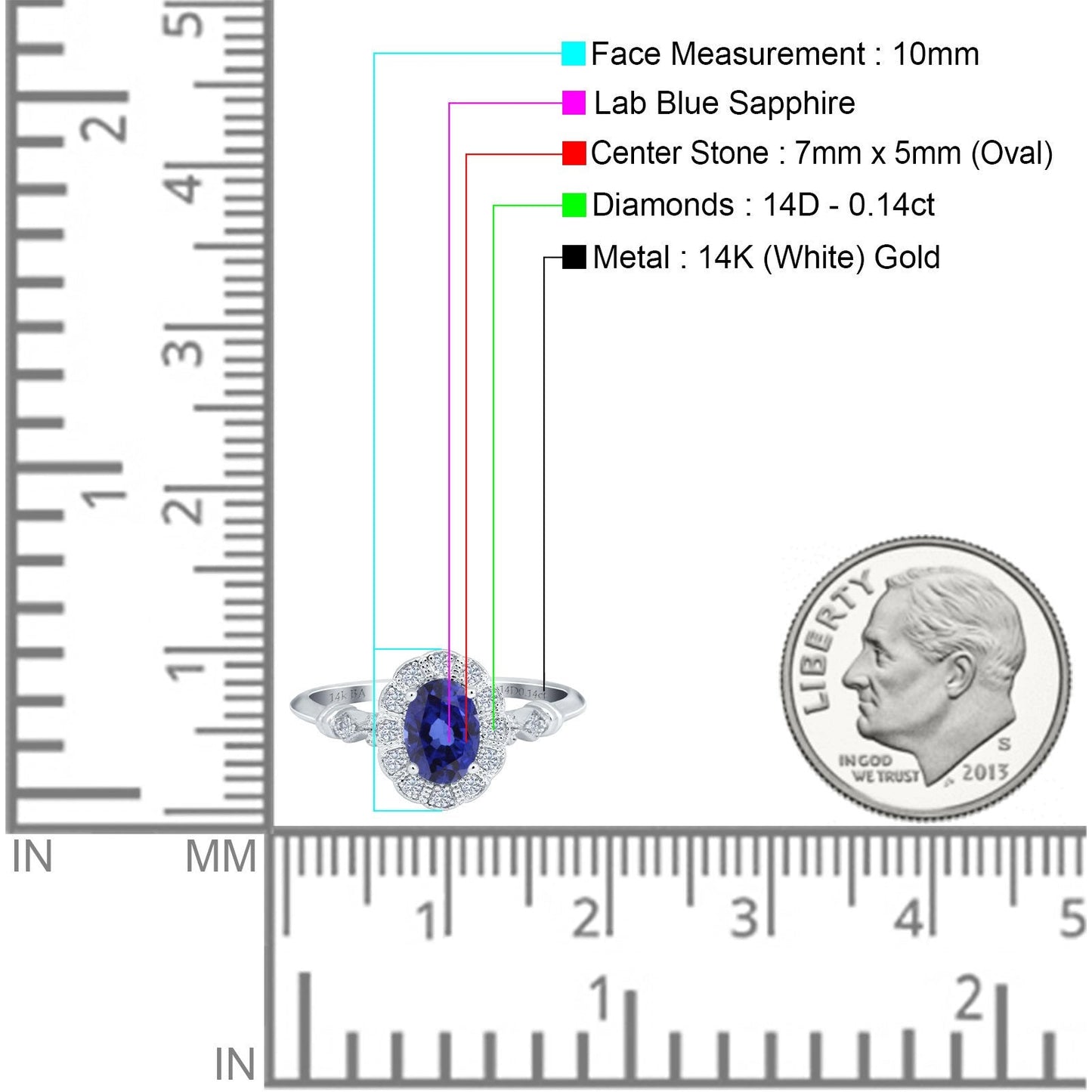 Bague de fiançailles en or blanc 14 carats avec diamant ovale de 0,9 ct 7 mm x 5 mm G SI Nano Blue Saphir Taille 6,5