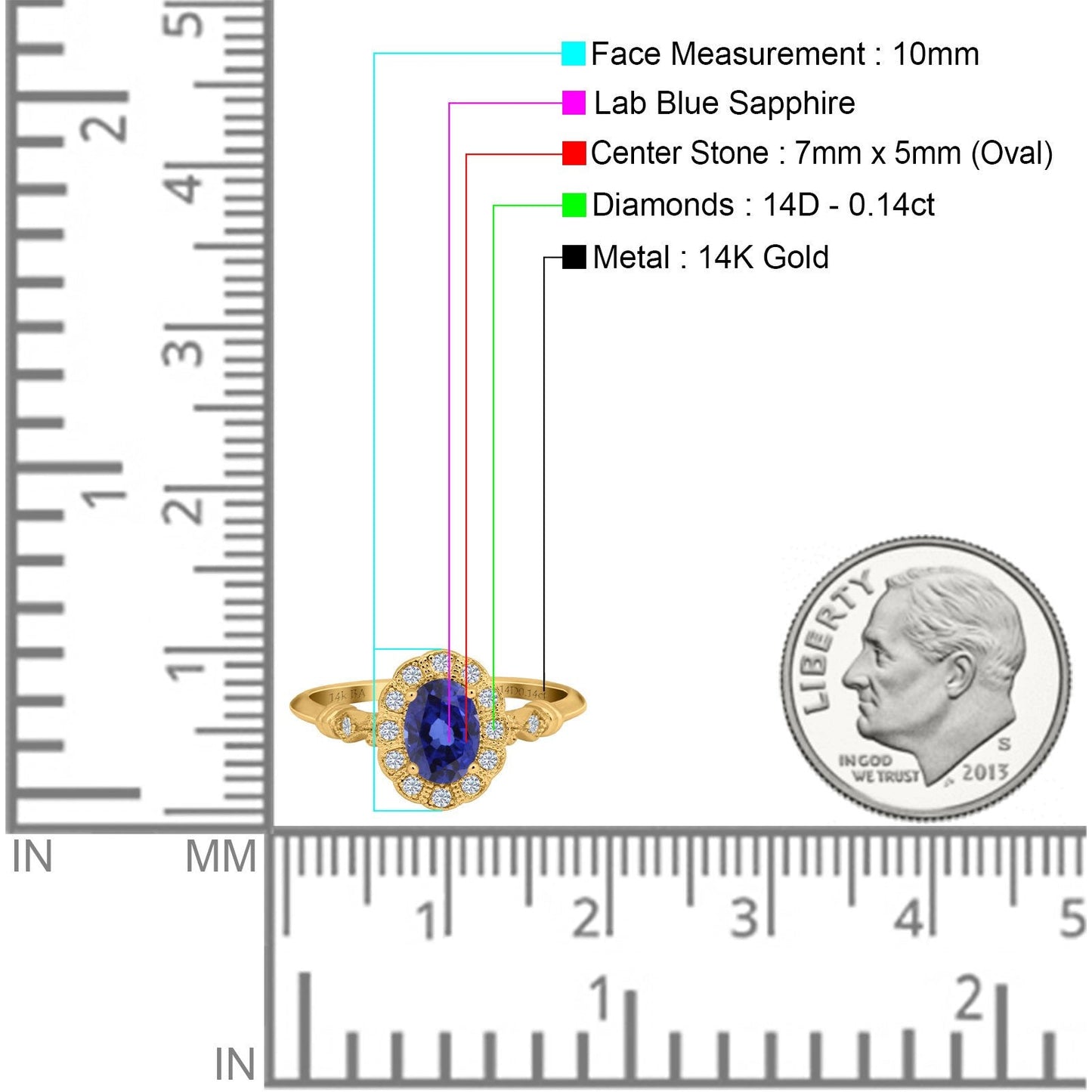 14K Yellow Gold 0.9ct Oval 7mmx5mm G SI Nano Blue Sapphire Diamond Engagement Wedding Ring Size 6.5