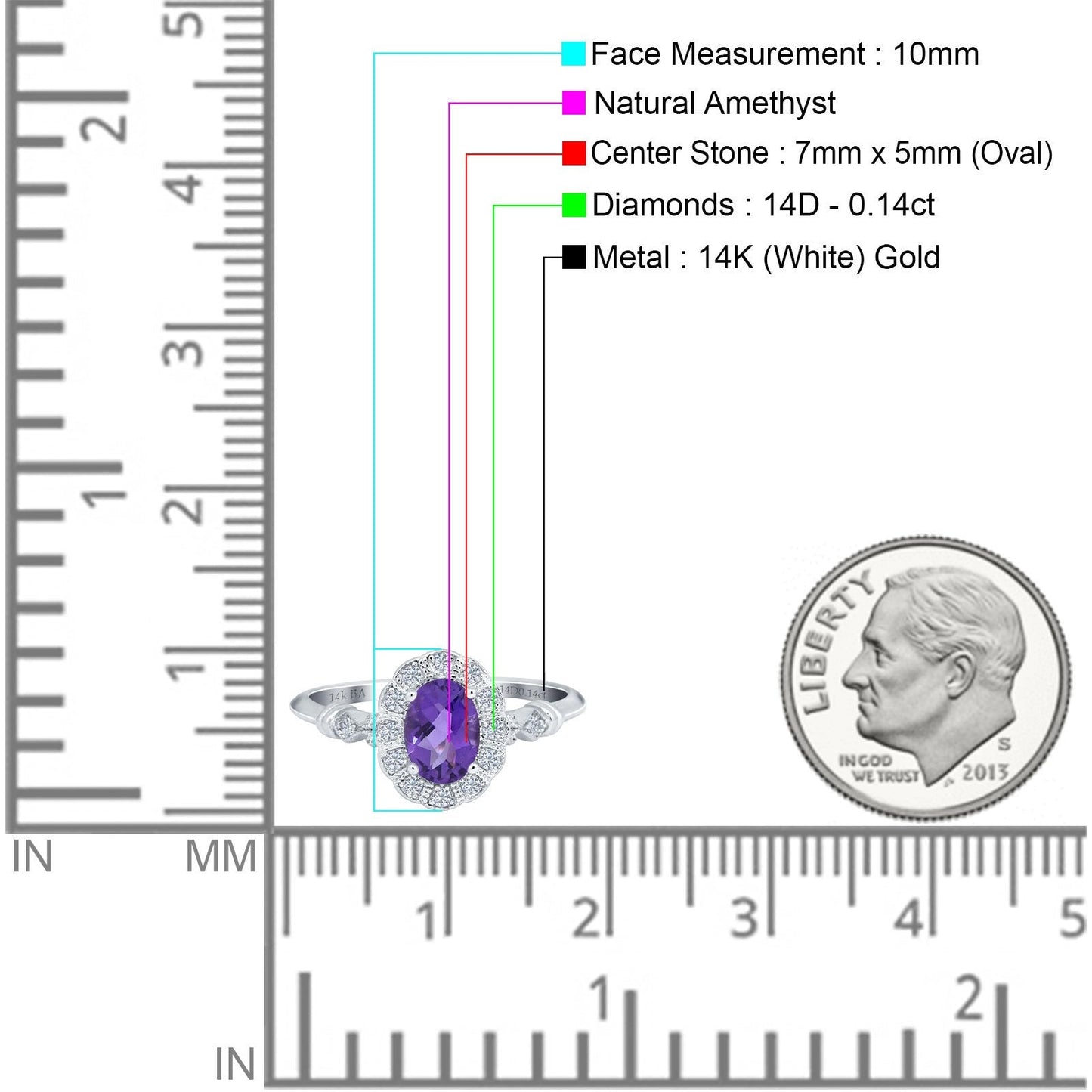 14K White Gold 0.9ct Oval 7mmx5mm G SI Natural Amethyst Diamond Engagement Wedding Ring Size 6.5