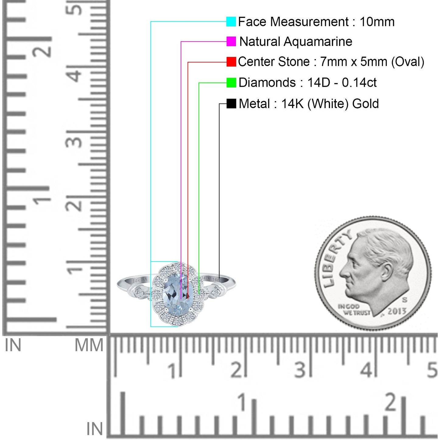 14K White Gold 0.9ct Oval 7mmx5mm G SI Natural Aquamarine Diamond Engagement Wedding Ring Size 6.5