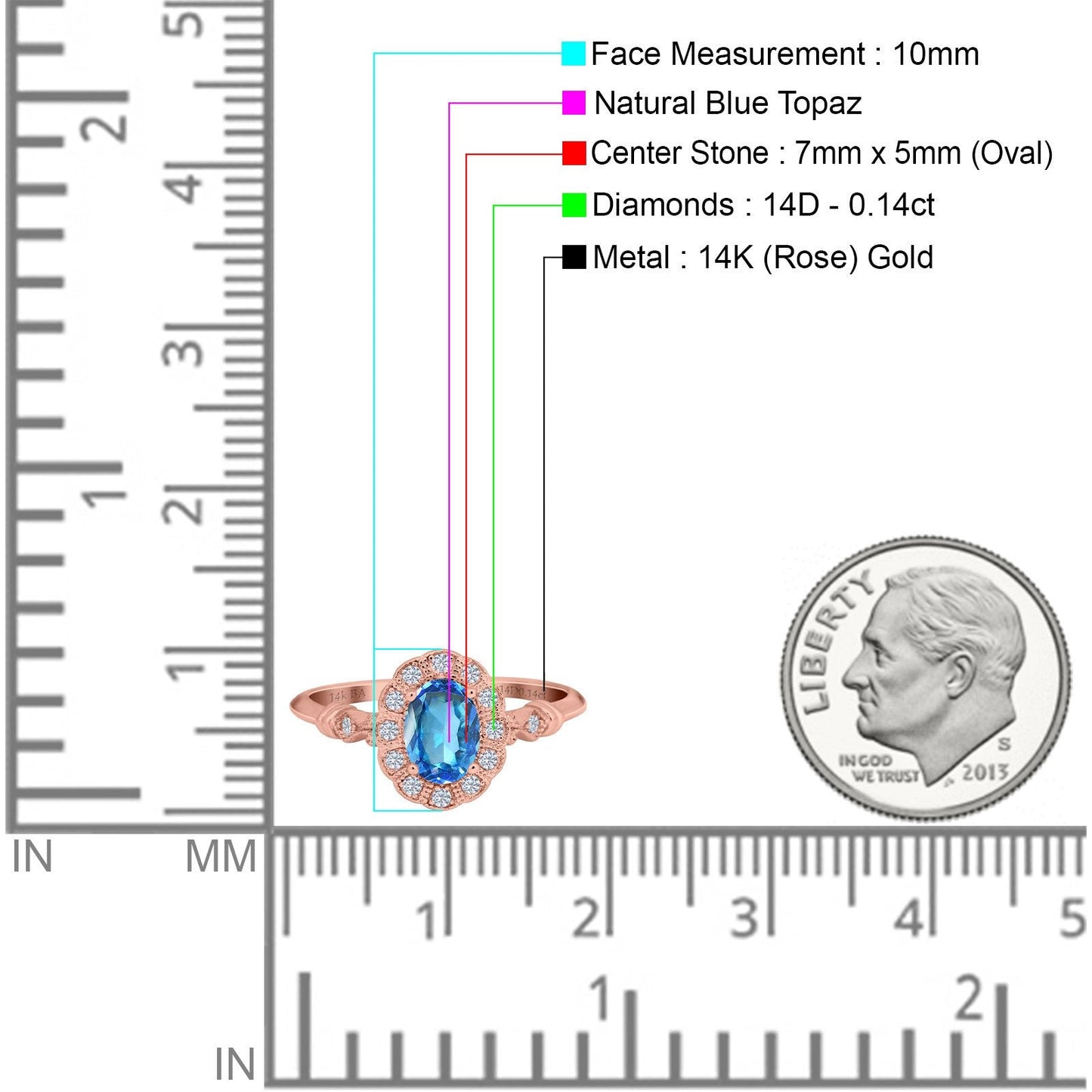 14K Rose Gold 0.9ct Oval 7mmx5mm G SI Natural Blue Topaz Diamond Engagement Wedding Ring Size 6.5