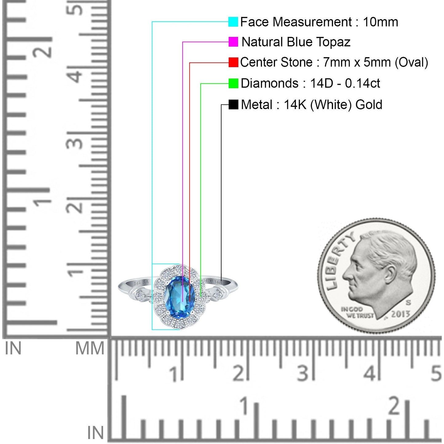 Bague de fiançailles en or blanc 14 carats avec topaze bleue naturelle ovale de 0,9 ct, 7 mm x 5 mm, taille G SI, taille 6,5