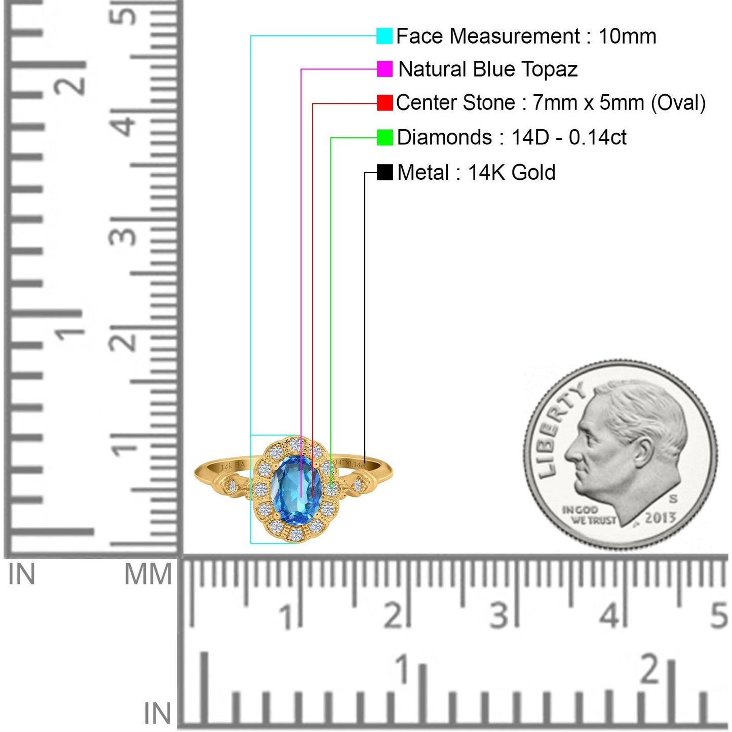 14K Yellow Gold 0.9ct Oval 7mmx5mm G SI Natural Blue Topaz Diamond Engagement Wedding Ring Size 6.5