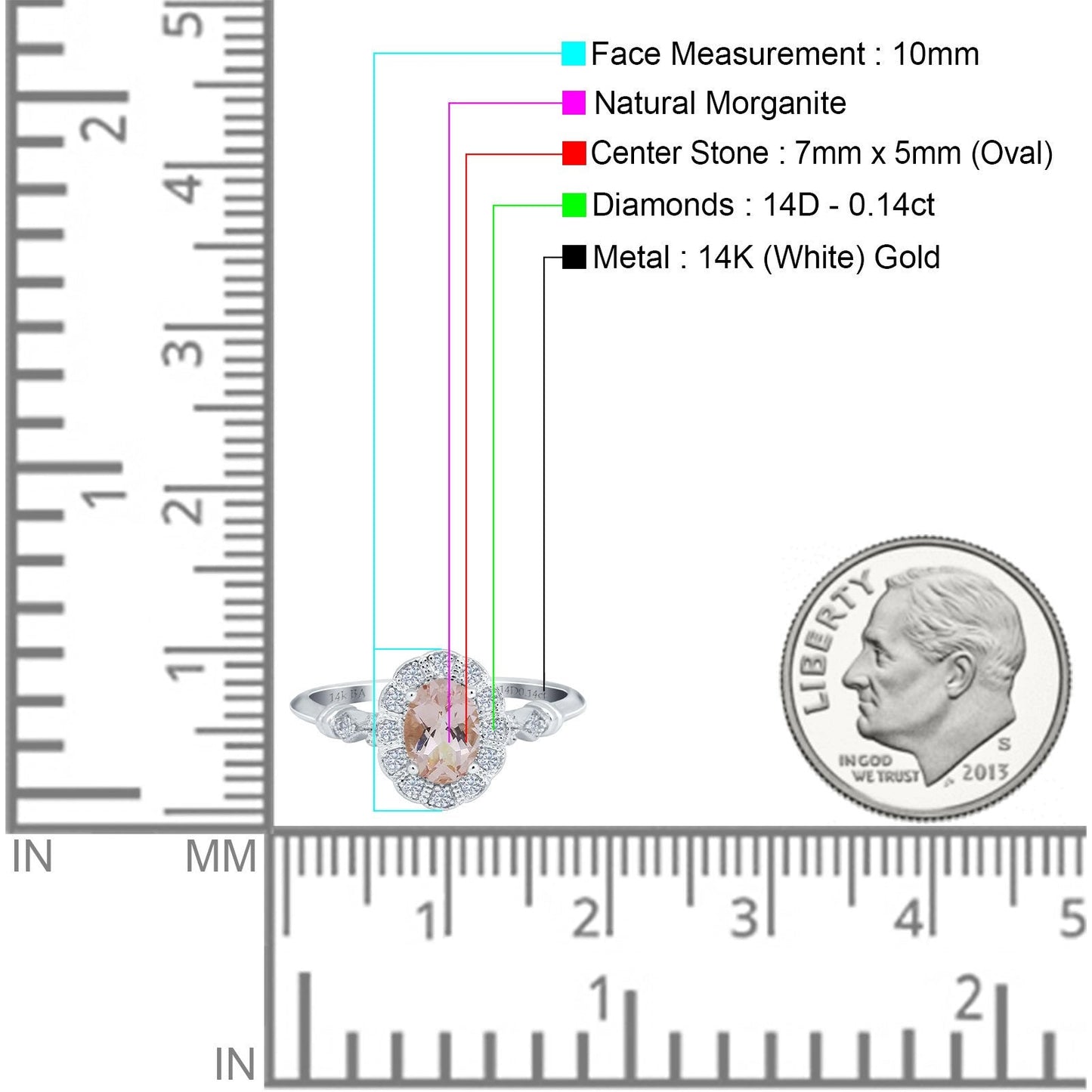 14K White Gold 0.9ct Oval 7mmx5mm G SI Natural Morganite Diamond Engagement Wedding Ring Size 6.5