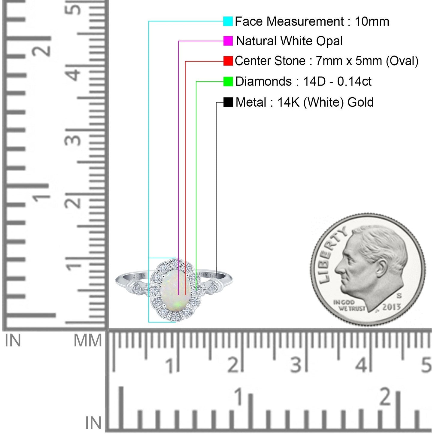 14K White Gold 0.14ct Oval 7mmx5mm G SI Natural White Opal Diamond Engagement Wedding Ring Size 6.5