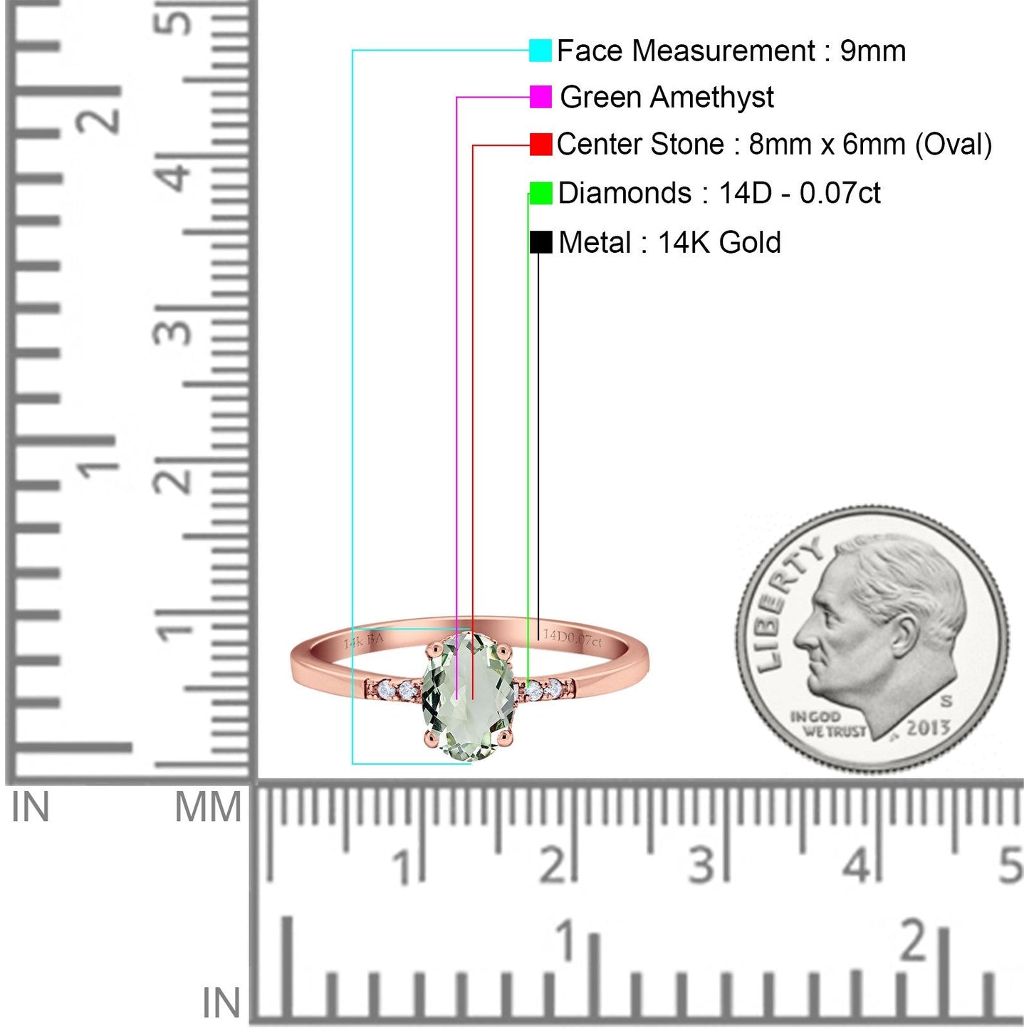 Bague de fiançailles en or rose 14 carats 1,28 ct ovale 8 mm x 6 mm G SI avec améthyste verte naturelle et diamant, taille 6,5