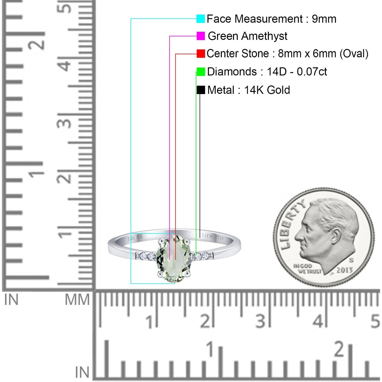 14K White Gold 1.28ct Oval 8mmx6mm G SI Natural Green Amethyst Diamond Engagement Wedding Ring Size 6.5