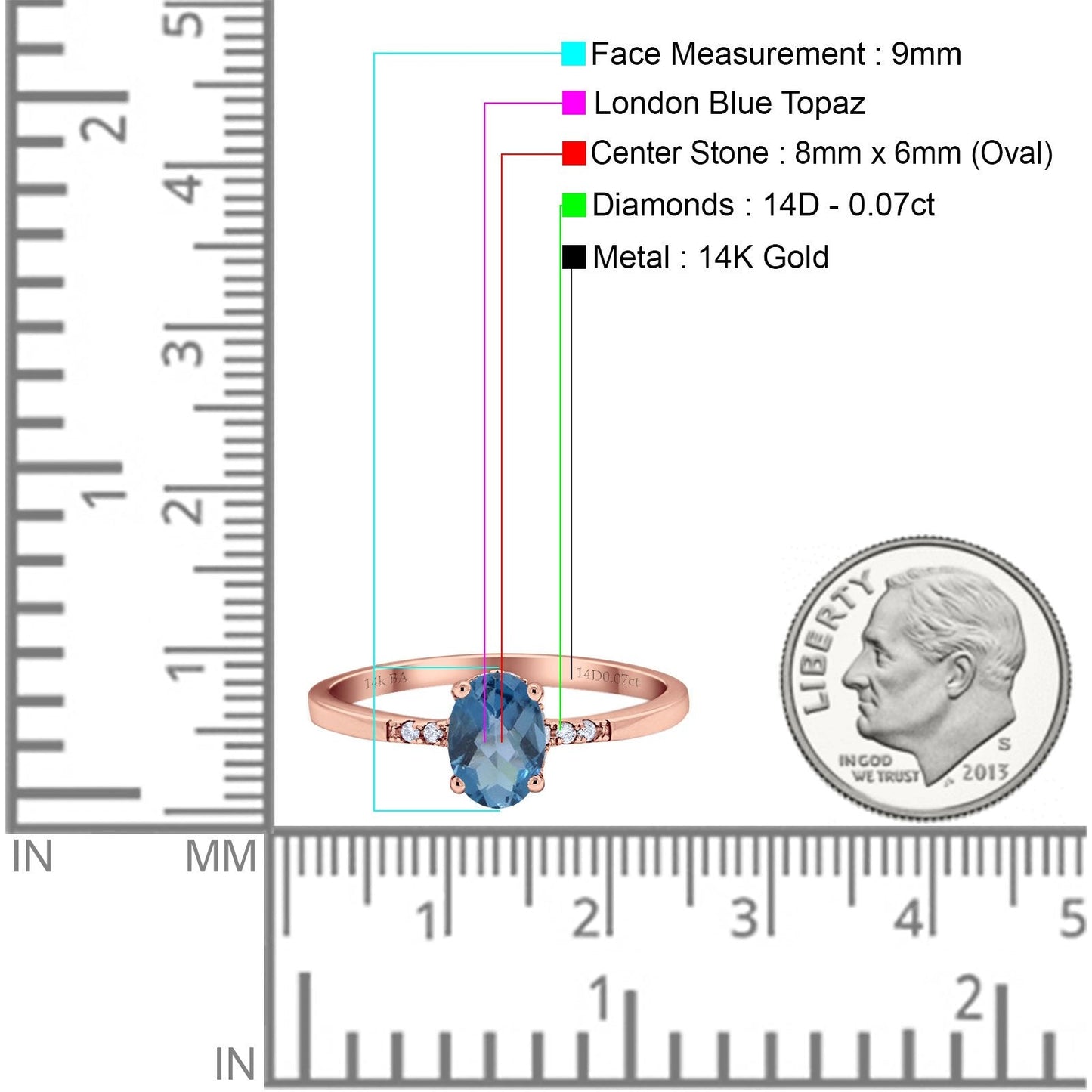 Bague de fiançailles en or rose 14 carats avec topaze bleue de Londres ovale de 8 mm x 6 mm G SI 1,28 ct, taille 6,5