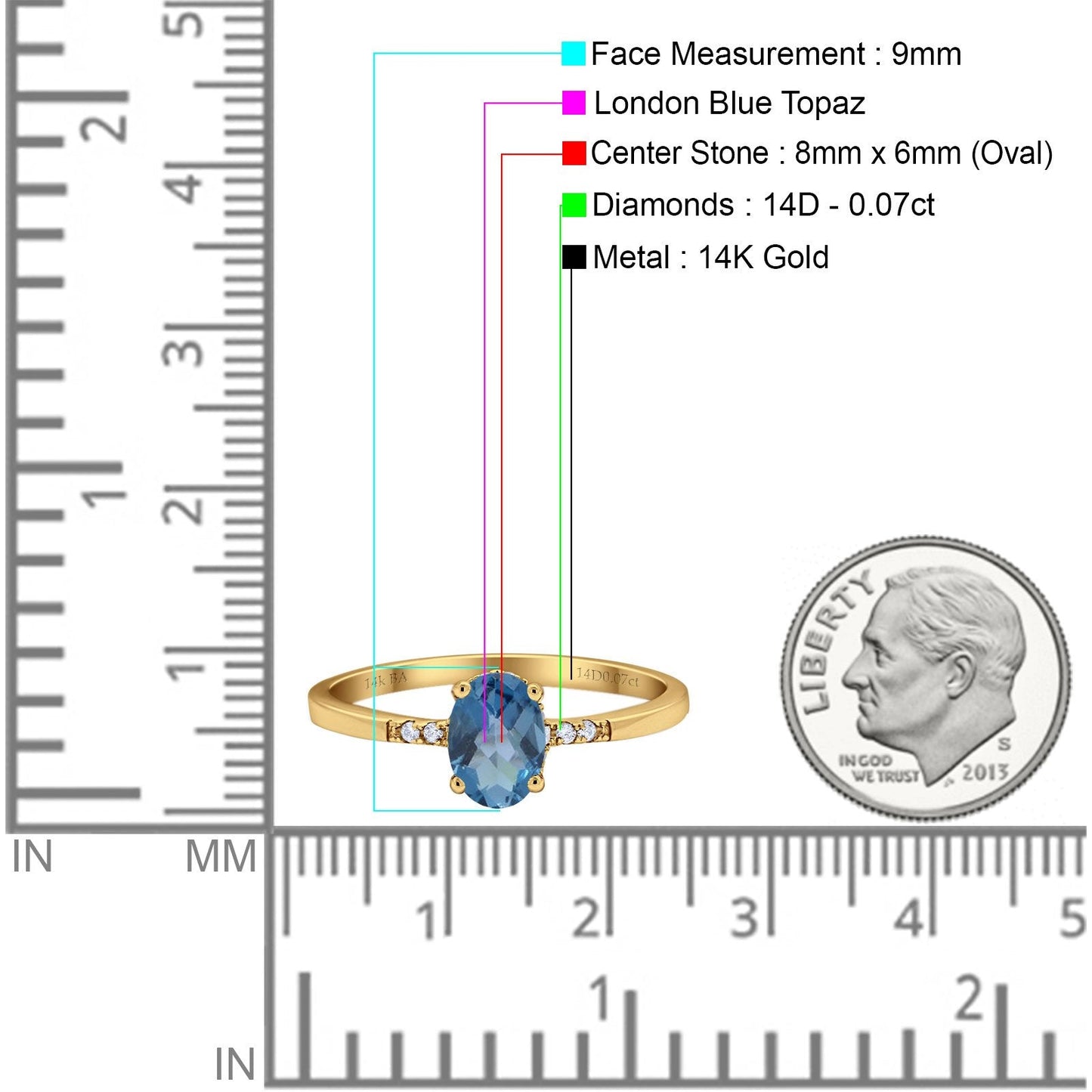 14K Yellow Gold 1.28ct Oval 8mmx6mm G SI London Blue Topaz Diamond Engagement Wedding Ring Size 6.5