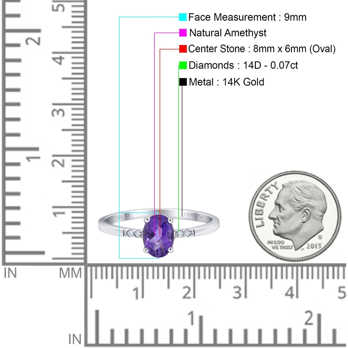 Bague de fiançailles en or blanc 14 carats 1,28 ct ovale 8 mm x 6 mm G SI avec améthyste naturelle et diamant, taille 6,5