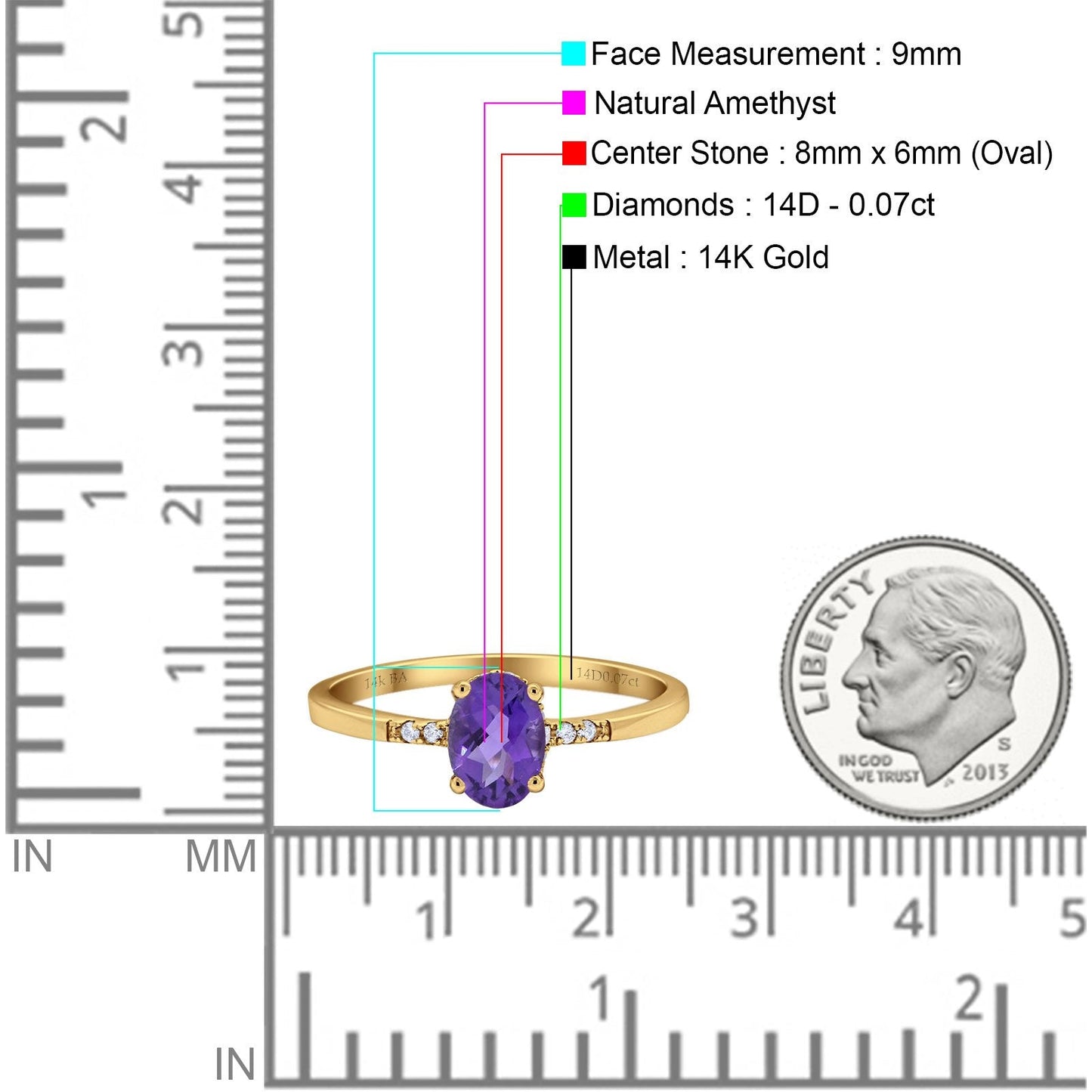 14K Yellow Gold 1.28ct Oval 8mmx6mm G SI Natural Amethyst Diamond Engagement Wedding Ring Size 6.5