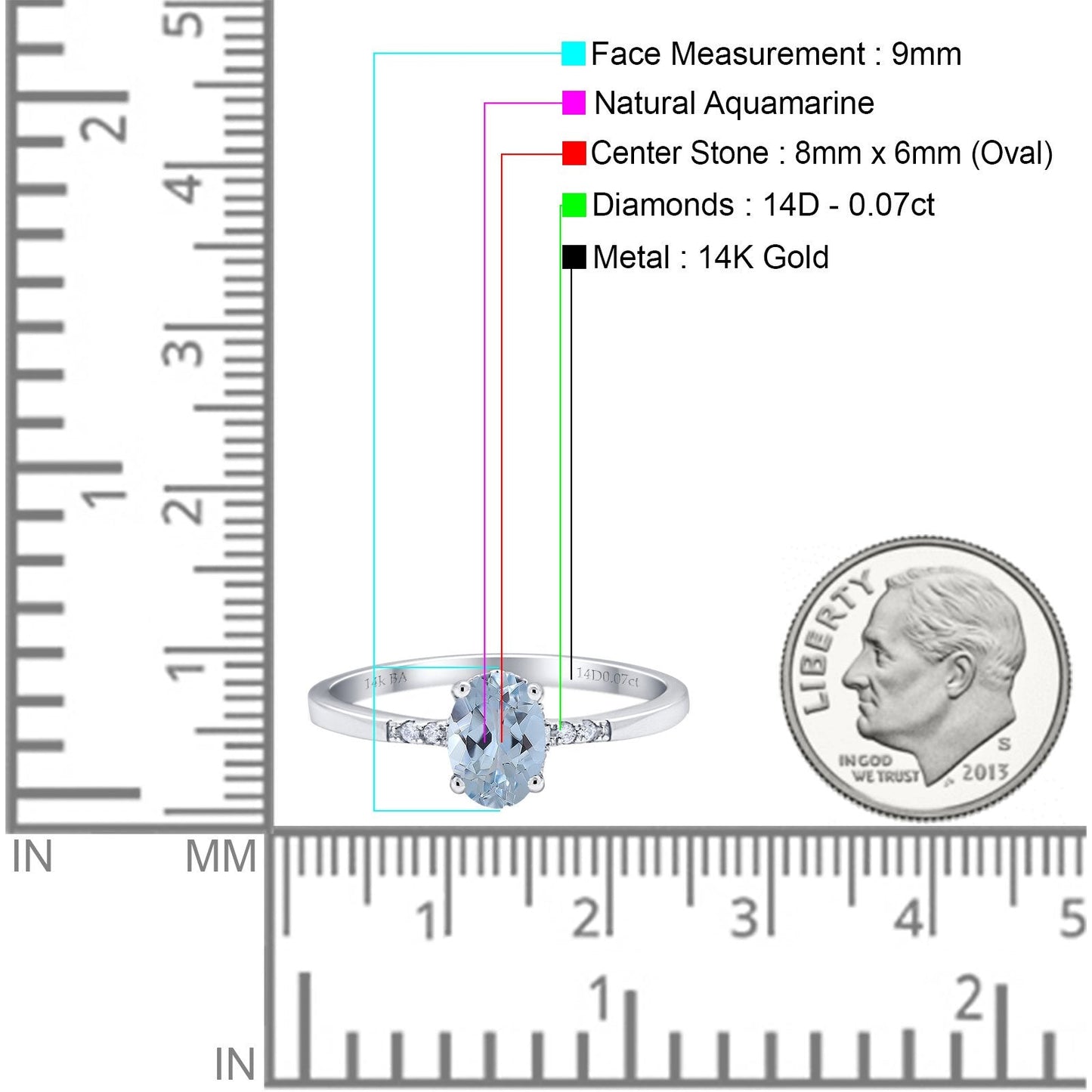 14K White Gold 1.28ct Oval 8mmx6mm G SI Natural Aquamarine Diamond Engagement Wedding Ring Size 6.5