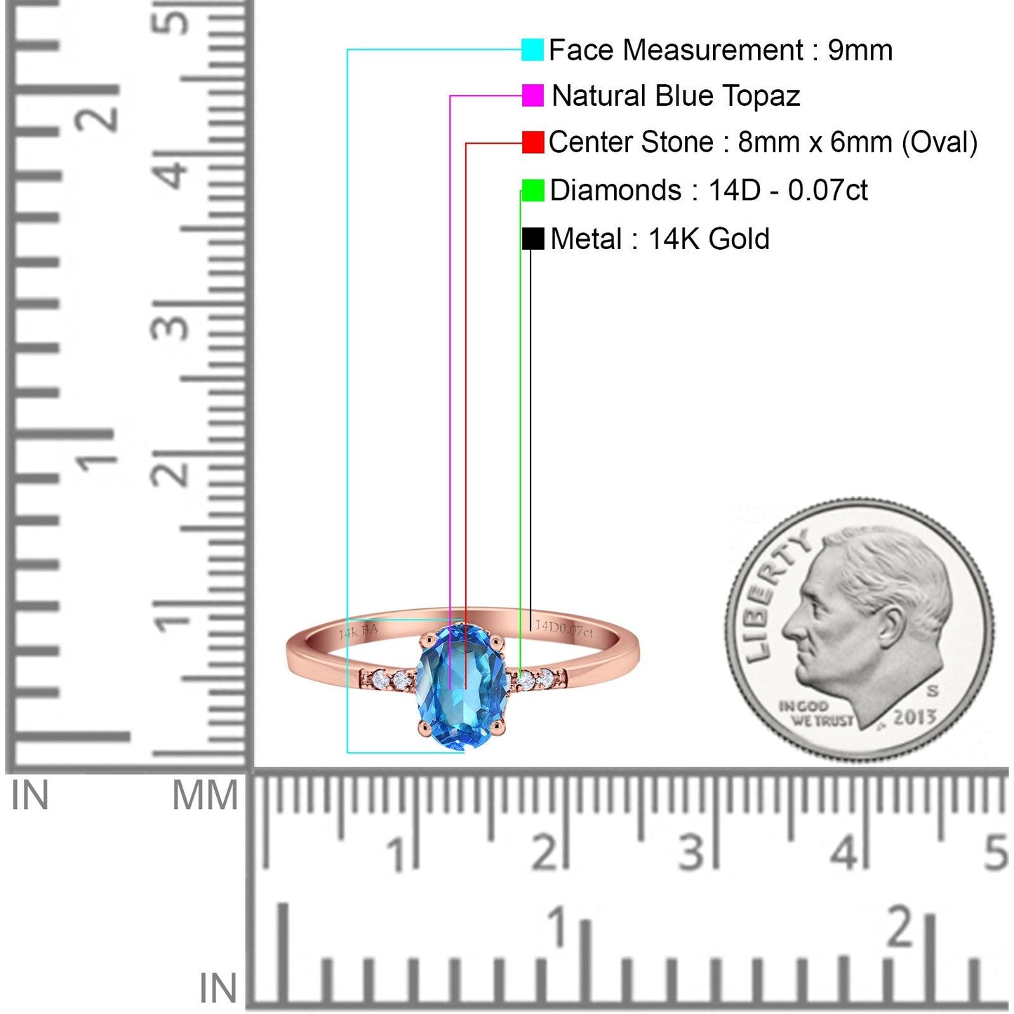 14K Rose Gold 1.28ct Oval 8mmx6mm G SI Natural Blue Topaz Diamond Engagement Wedding Ring Size 6.5