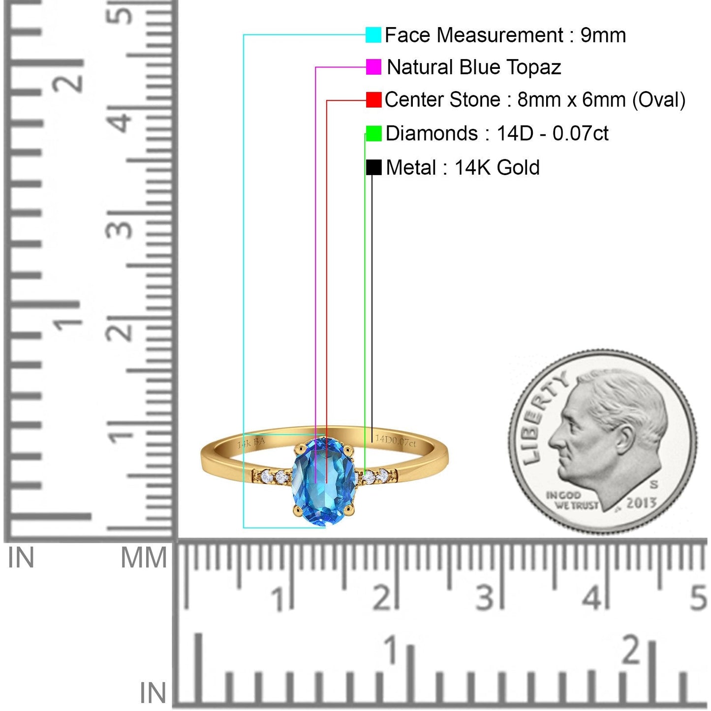 14K Yellow Gold 1.28ct Oval 8mmx6mm G SI Natural Blue Topaz Diamond Engagement Wedding Ring Size 6.5