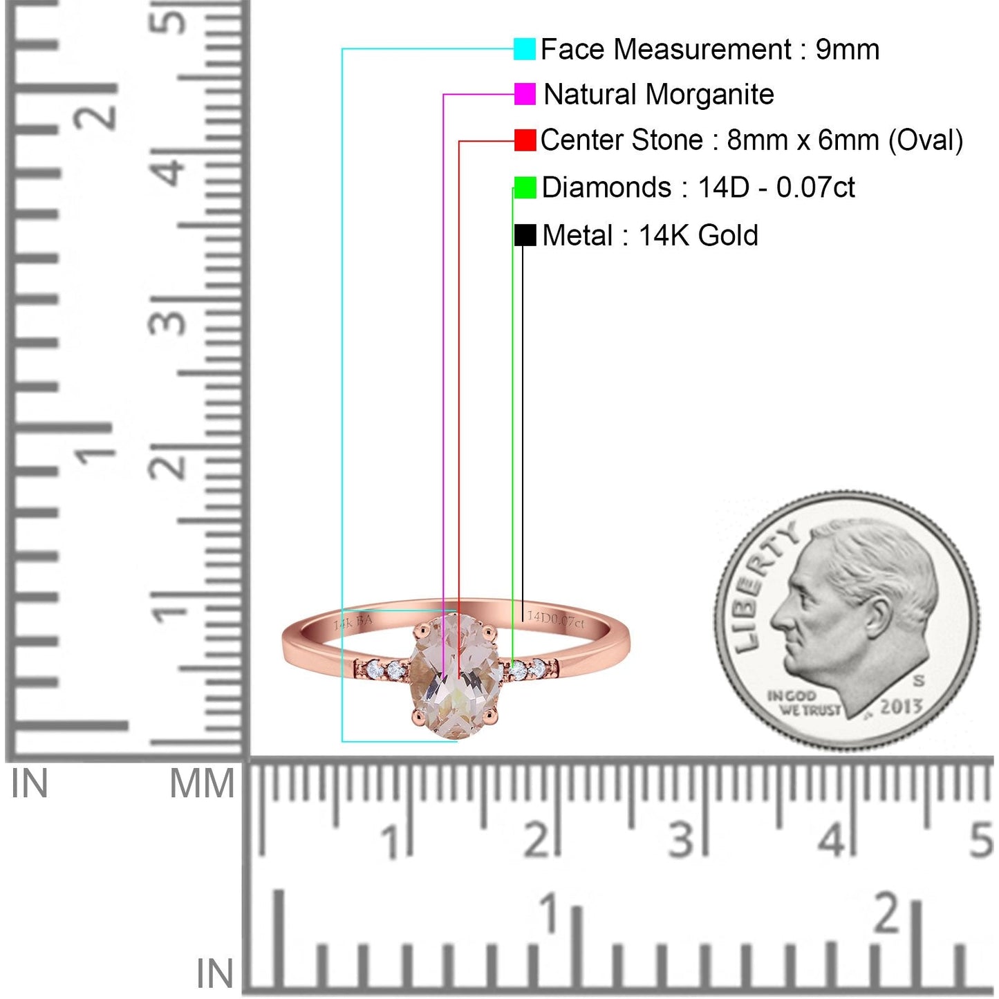 14K Rose Gold 1.28ct Oval 8mmx6mm G SI Natural Morganite Diamond Engagement Wedding Ring Size 6.5