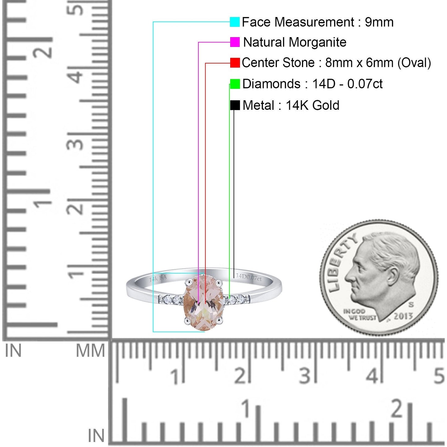 14K White Gold 1.28ct Oval 8mmx6mm G SI Natural Morganite Diamond Engagement Wedding Ring Size 6.5