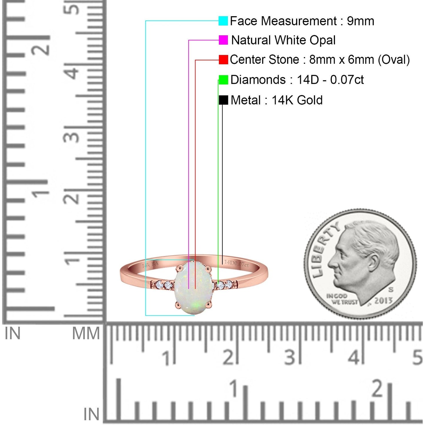 14K Rose Gold 0.07ct Oval 8mmx6mm G SI Natural White Opal Diamond Engagement Wedding Ring Size 6.5