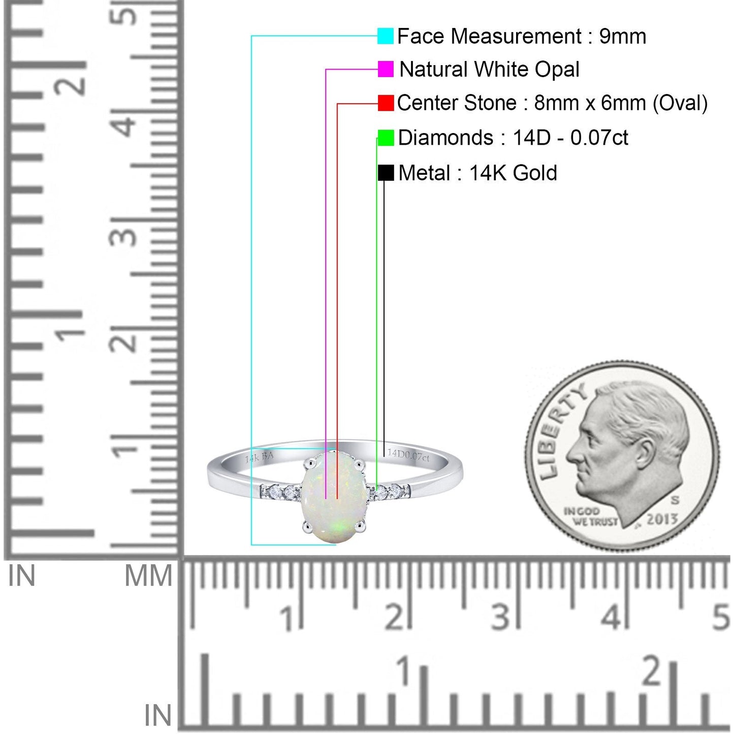 14K White Gold 0.07ct Oval 8mmx6mm G SI Natural White Opal Diamond Engagement Wedding Ring Size 6.5