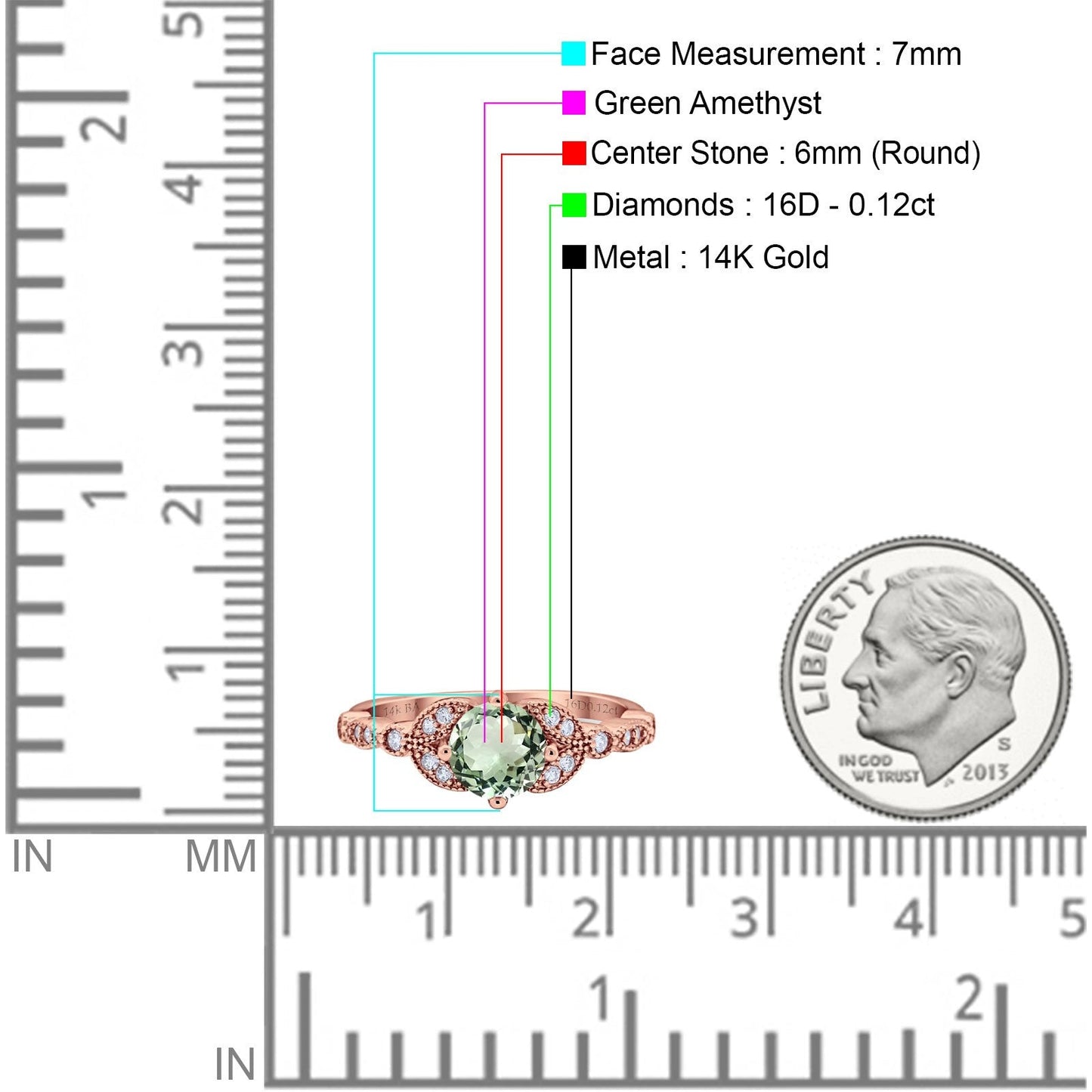 14K Rose Gold 0.96ct Round Art Deco 6mm G SI Natural Green Amethyst Diamond Engagement Wedding Ring Size 6.5