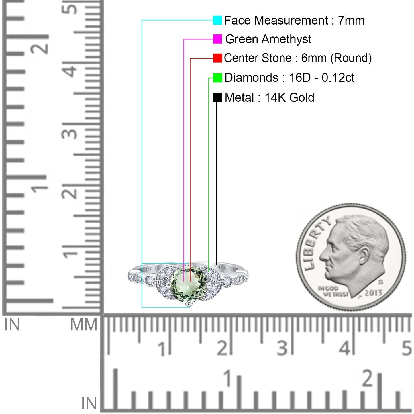 Bague de fiançailles en or blanc 14 carats 0,96 ct Art déco ronde 6 mm G SI avec améthyste verte naturelle et diamant taille 6,5