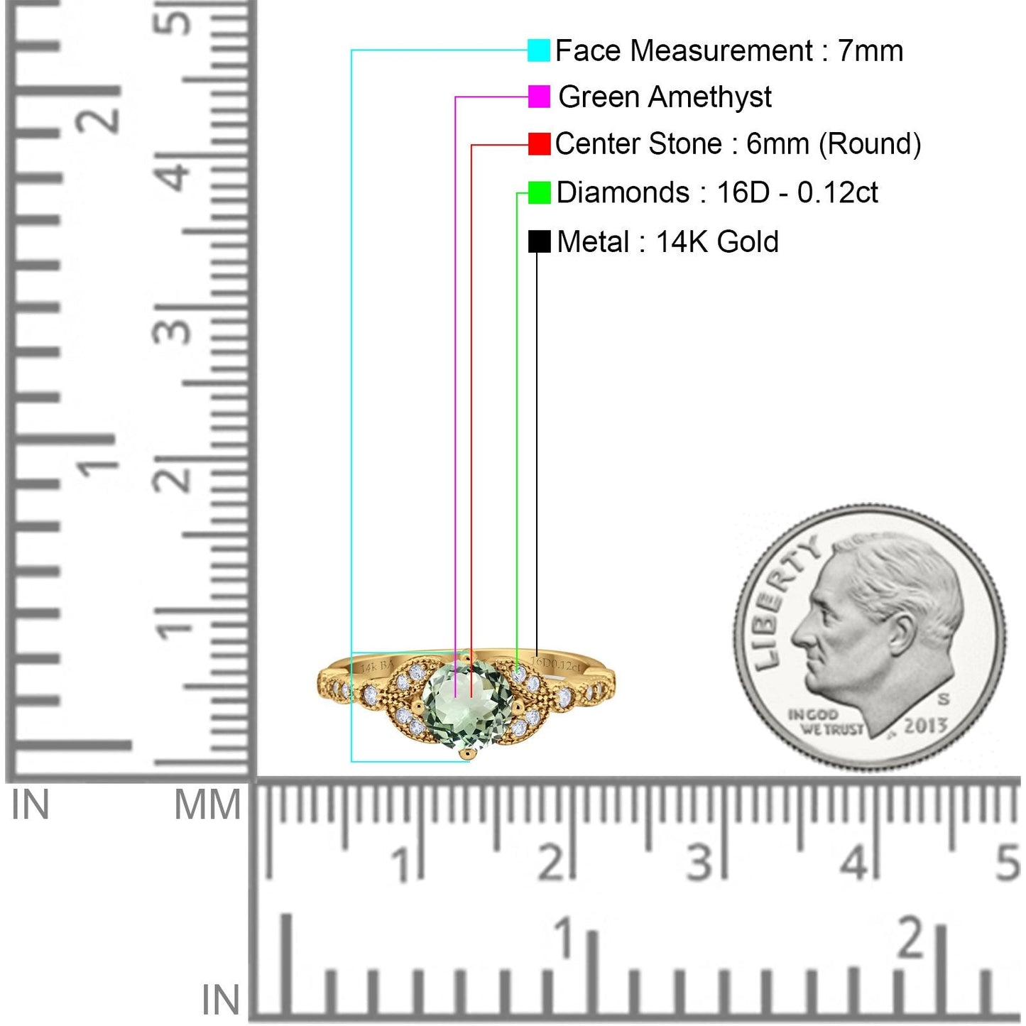 14K Yellow Gold 0.96ct Round Art Deco 6mm G SI Natural Green Amethyst Diamond Engagement Wedding Ring Size 6.5