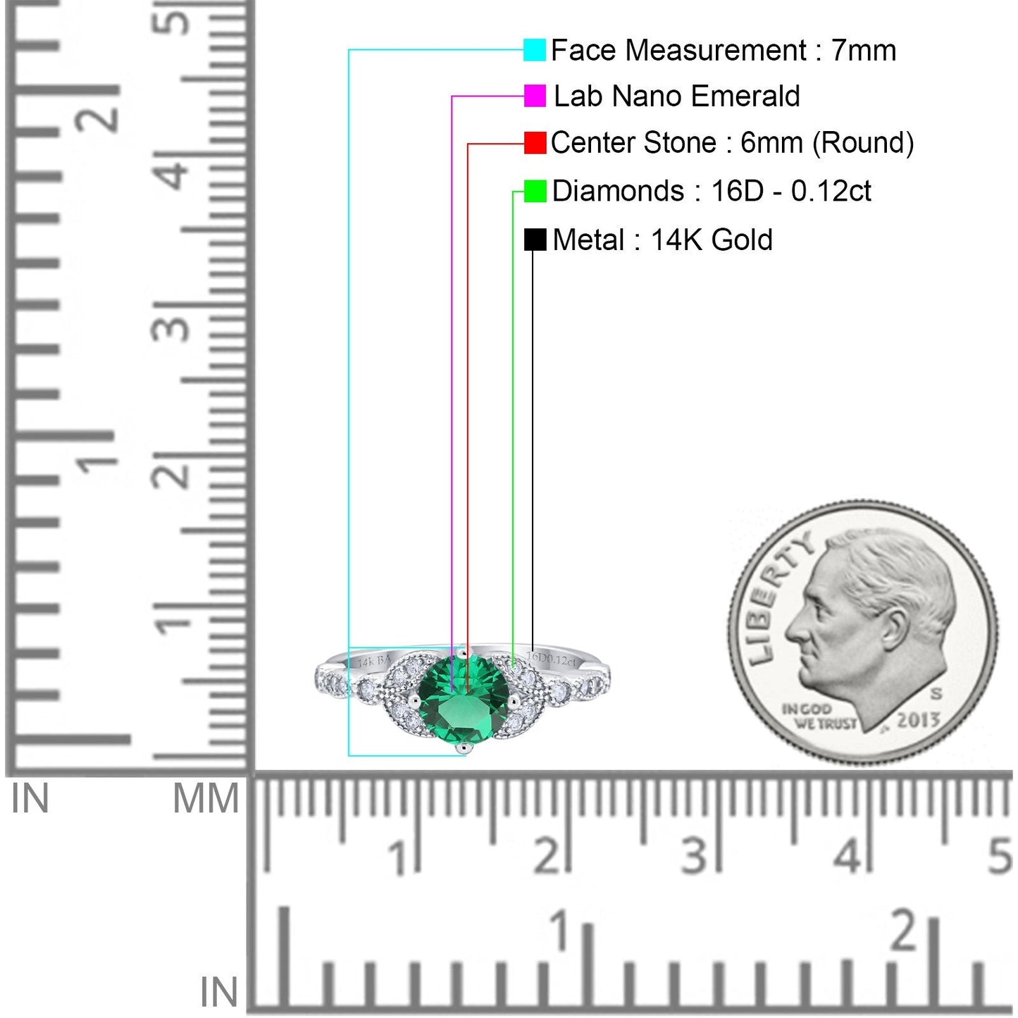 14K White Gold 0.96ct Round Art Deco 6mm G SI Nano Emerald Diamond Engagement Wedding Ring Size 6.5