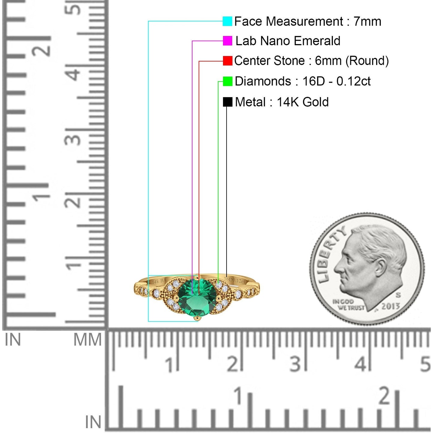 14K Yellow Gold 0.96ct Round Art Deco 6mm G SI Nano Emerald Diamond Engagement Wedding Ring Size 6.5