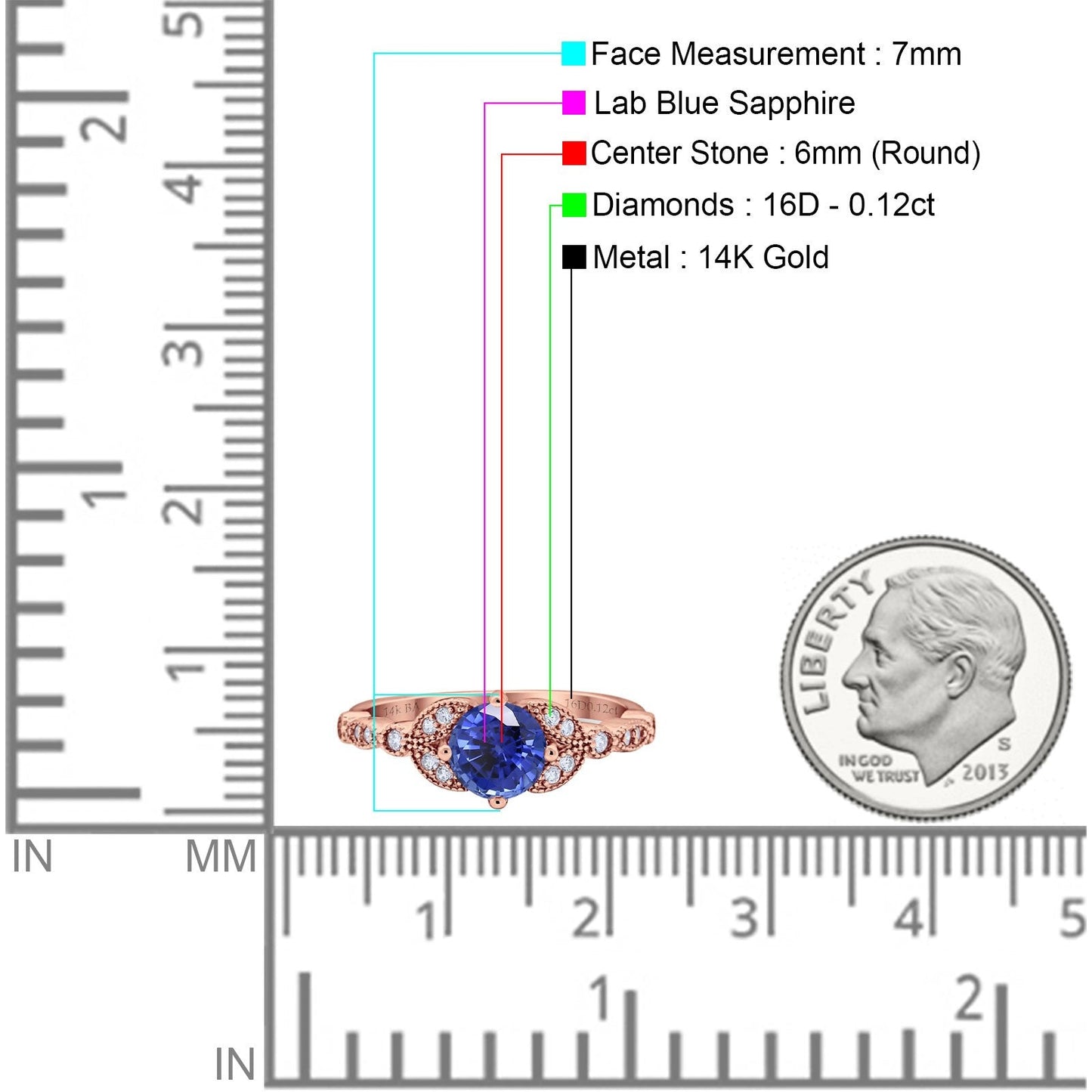 14K Rose Gold 0.96ct Round Art Deco 6mm G SI Nano Blue Sapphire Diamond Engagement Wedding Ring Size 6.5