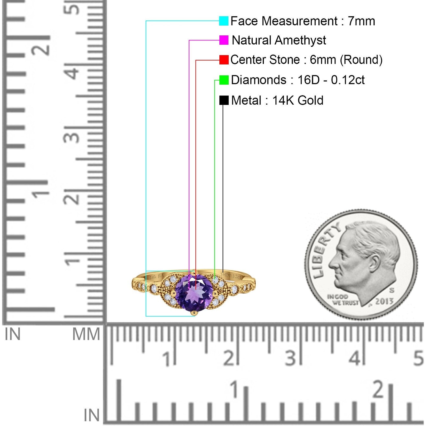 14K Yellow Gold 0.96ct Round Art Deco 6mm G SI Natural Amethyst Diamond Engagement Wedding Ring Size 6.5