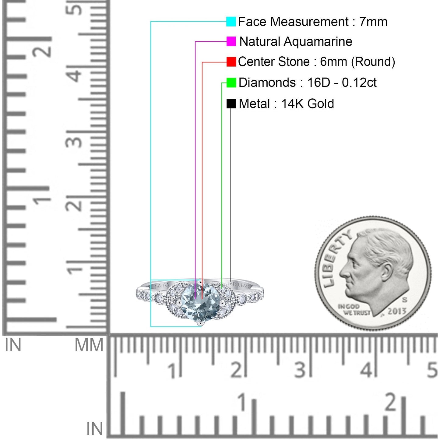 14K White Gold 0.96ct Round Art Deco 6mm G SI Natural Aquamarine Diamond Engagement Wedding Ring Size 6.5