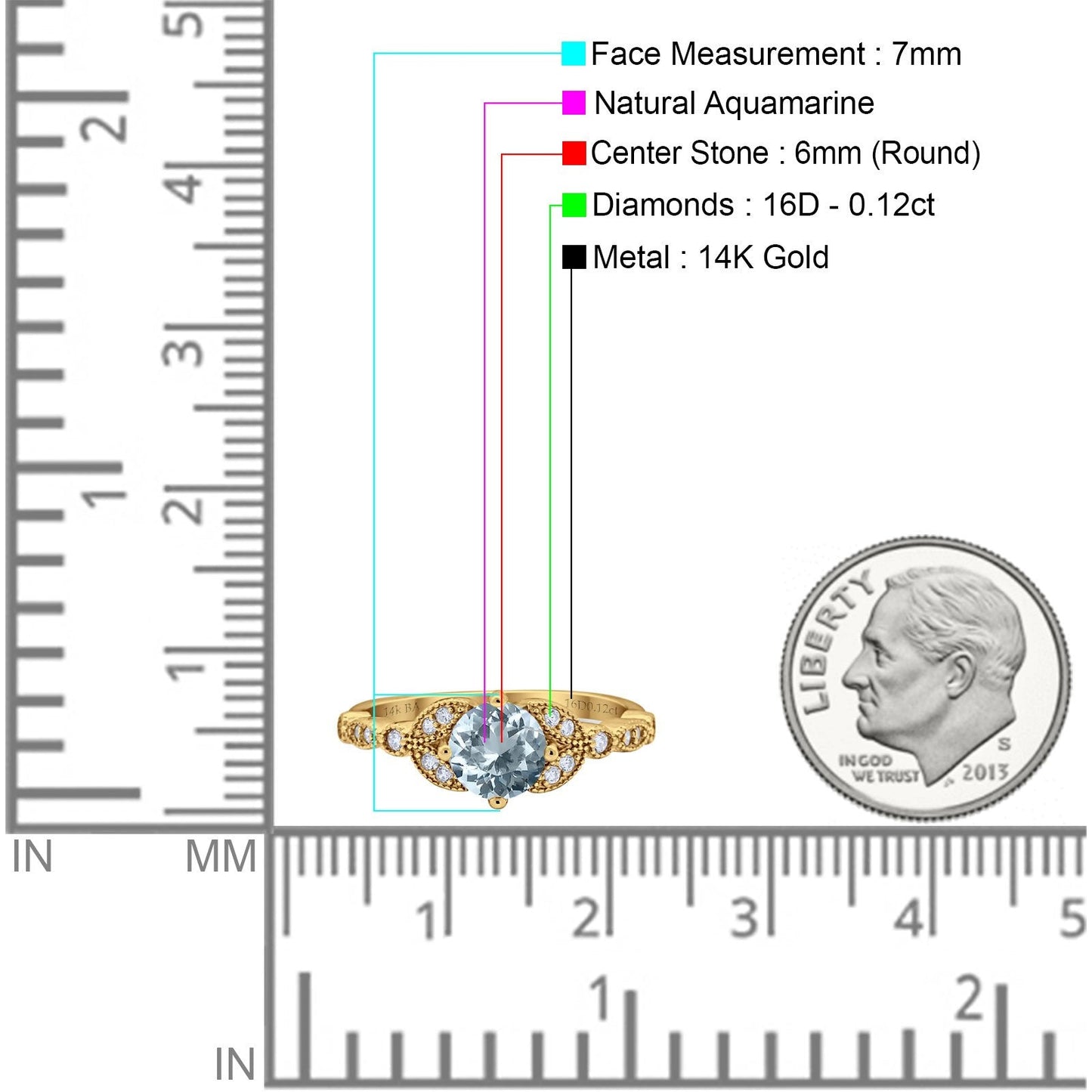 14K Yellow Gold 0.96ct Round Art Deco 6mm G SI Natural Aquamarine Diamond Engagement Wedding Ring Size 6.5