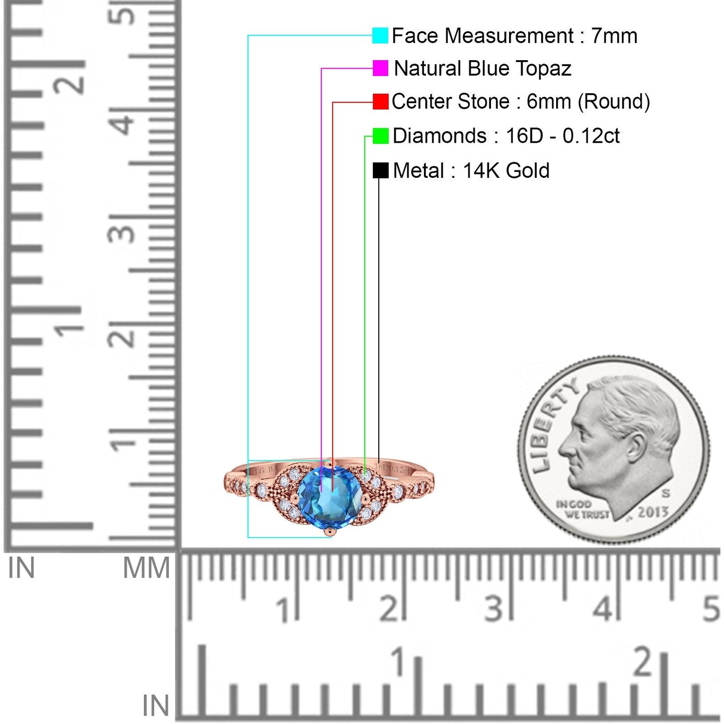 14K Rose Gold 0.96ct Round Art Deco 6mm G SI Natural Blue Topaz Diamond Engagement Wedding Ring Size 6.5