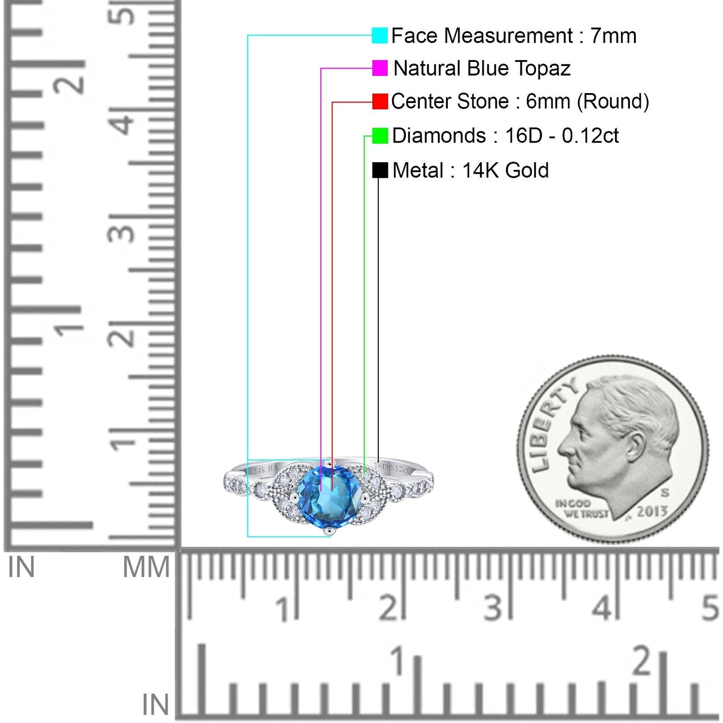 Bague de fiançailles en or blanc 14 carats 0,96 ct Art déco ronde 6 mm G SI avec topaze bleue naturelle et diamant taille 6,5