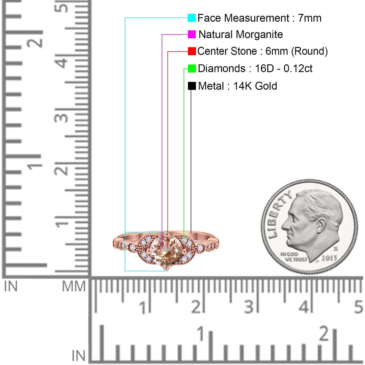 14K Rose Gold 0.96ct Round Art Deco 6mm G SI Natural Morganite Diamond Engagement Wedding Ring Size 6.5