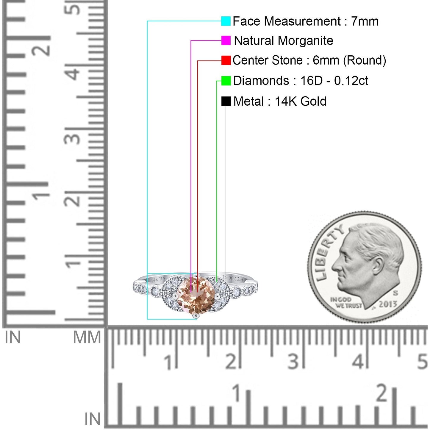 14K White Gold 0.96ct Round Art Deco 6mm G SI Natural Morganite Diamond Engagement Wedding Ring Size 6.5