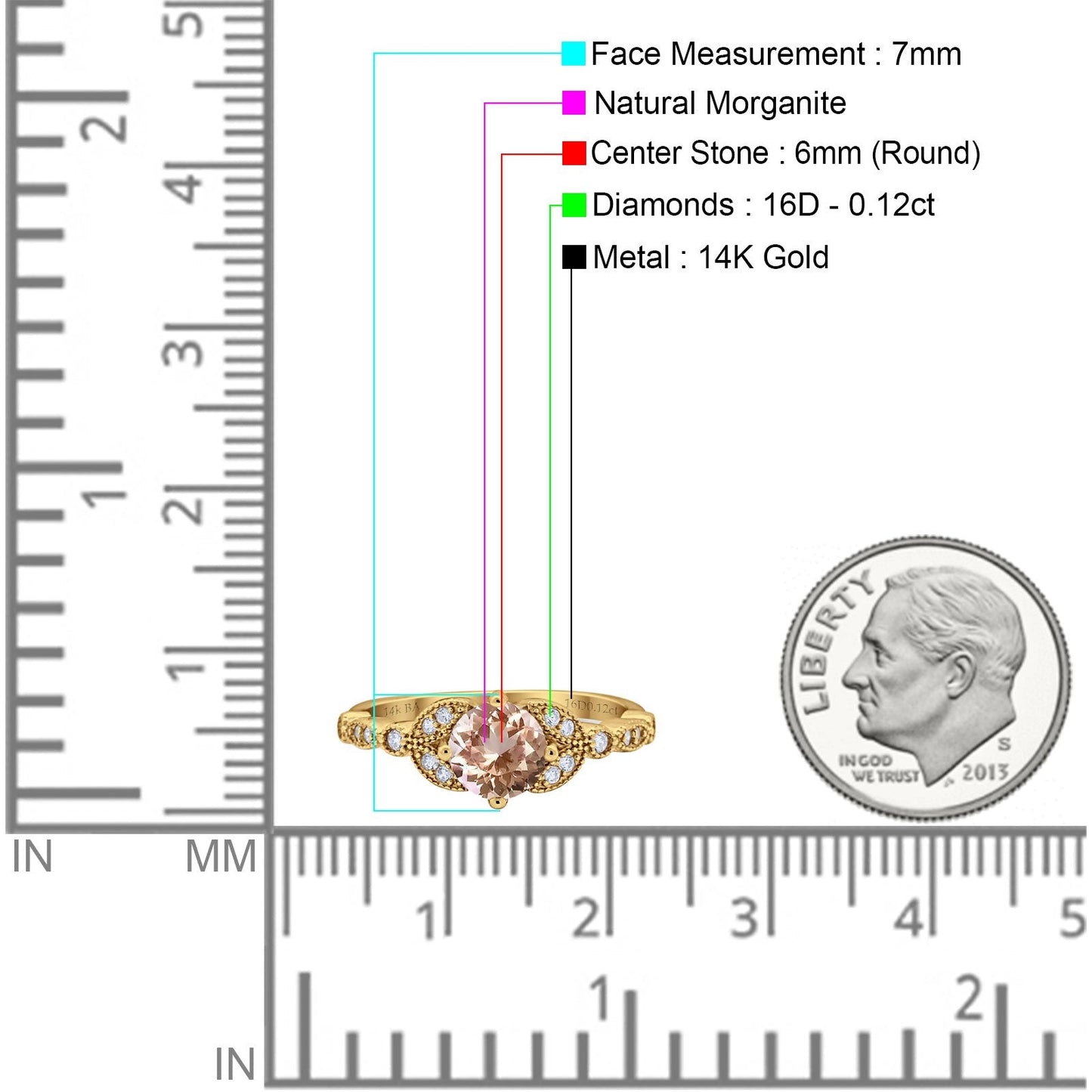 14K Yellow Gold 0.96ct Round Art Deco 6mm G SI Natural Morganite Diamond Engagement Wedding Ring Size 6.5