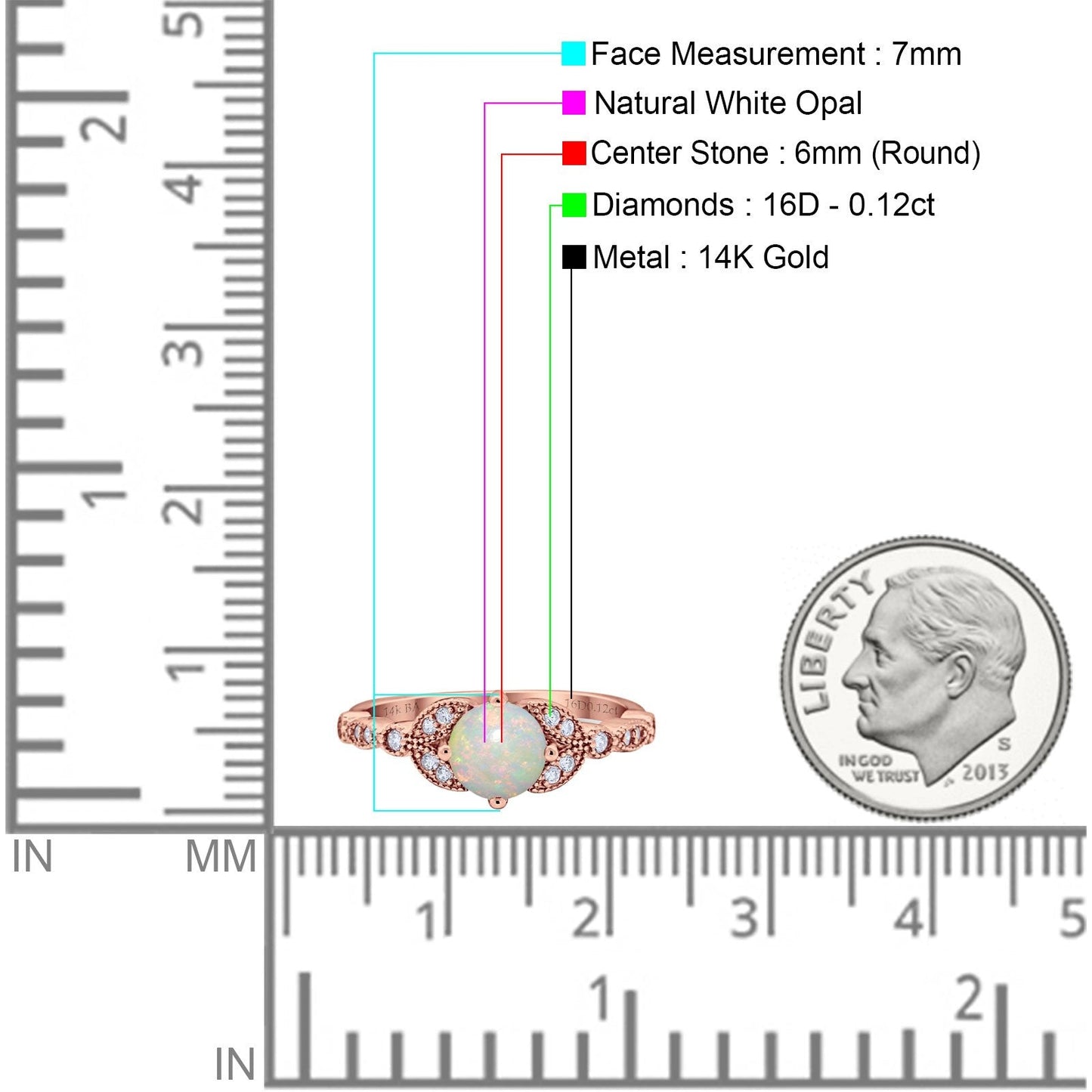 14K Rose Gold 0.12ct Round Art Deco 6mm G SI Natural White Opal Diamond Engagement Wedding Ring Size 6.5