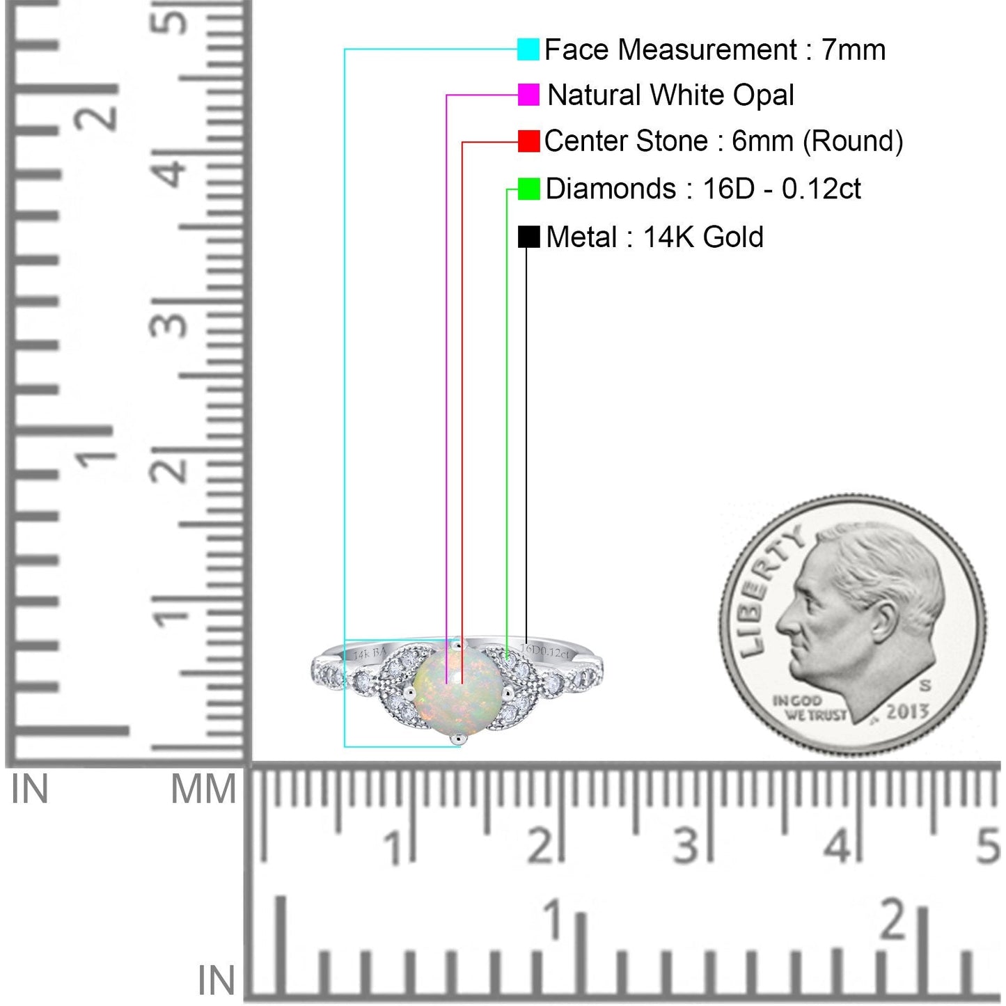 14K White Gold 0.12ct Round Art Deco 6mm G SI Natural White Opal Diamond Engagement Wedding Ring Size 6.5