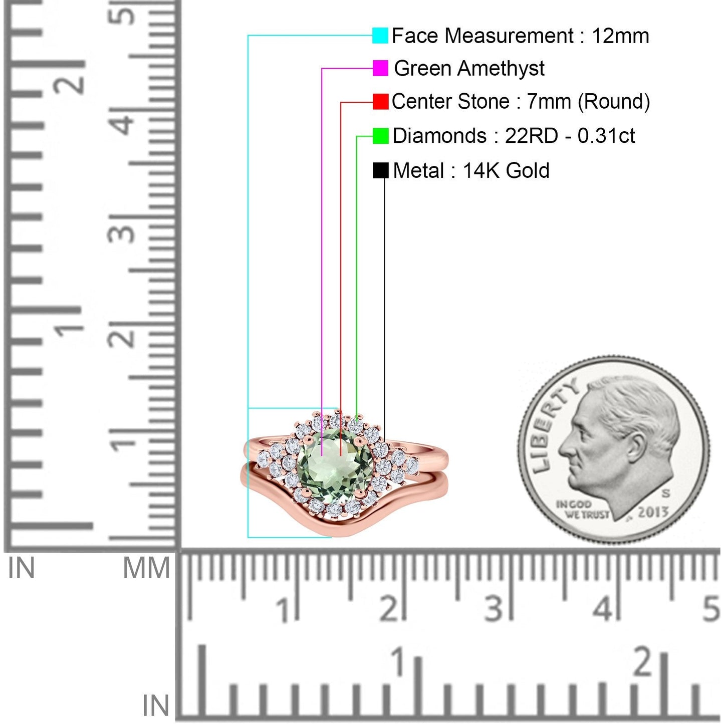 14K Rose Gold 1.59ct Round Two Piece Halo 7mm G SI Natural Green Amethyst Diamond Engagement Wedding Ring Size 6.5