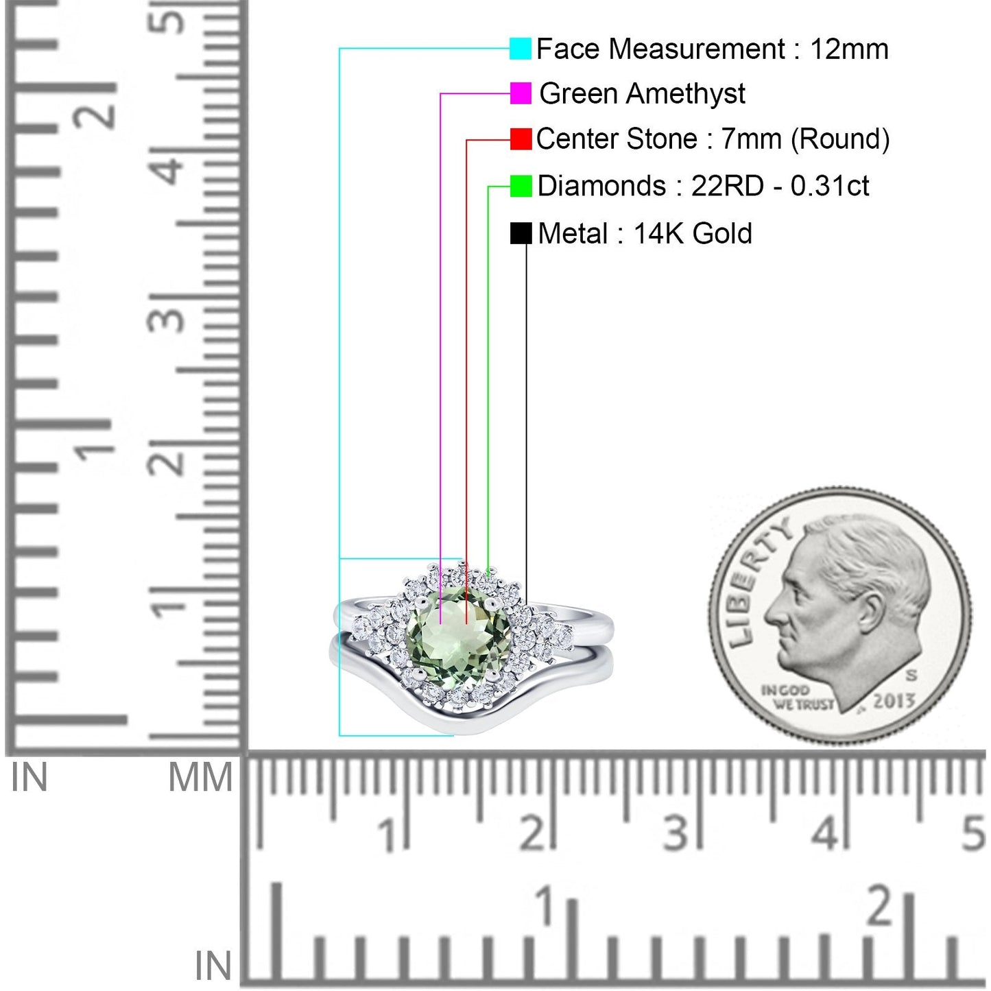 14K White Gold 1.59ct Round Two Piece Halo 7mm G SI Natural Green Amethyst Diamond Engagement Wedding Ring Size 6.5