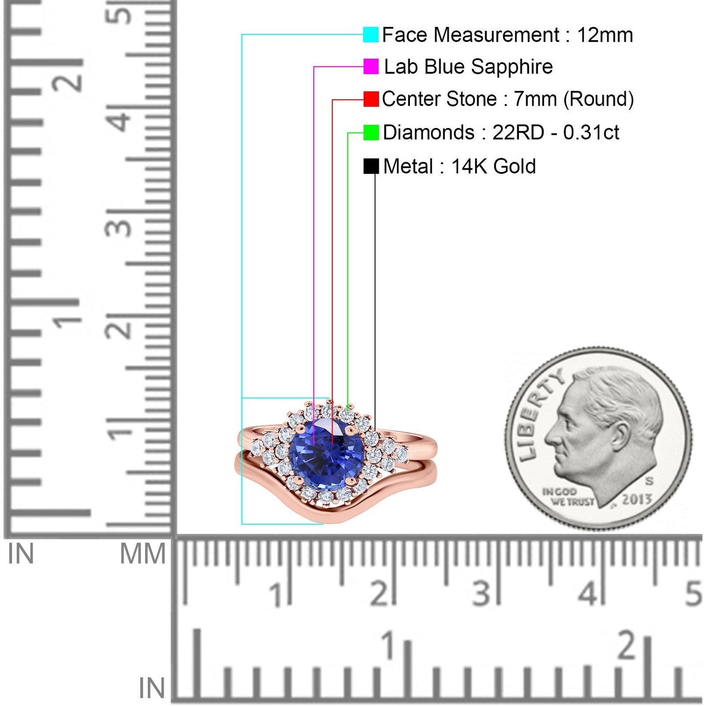 14K Rose Gold 1.59ct Round Two Piece Halo 7mm G SI Nano Blue Sapphire Diamond Engagement Wedding Ring Size 6.5