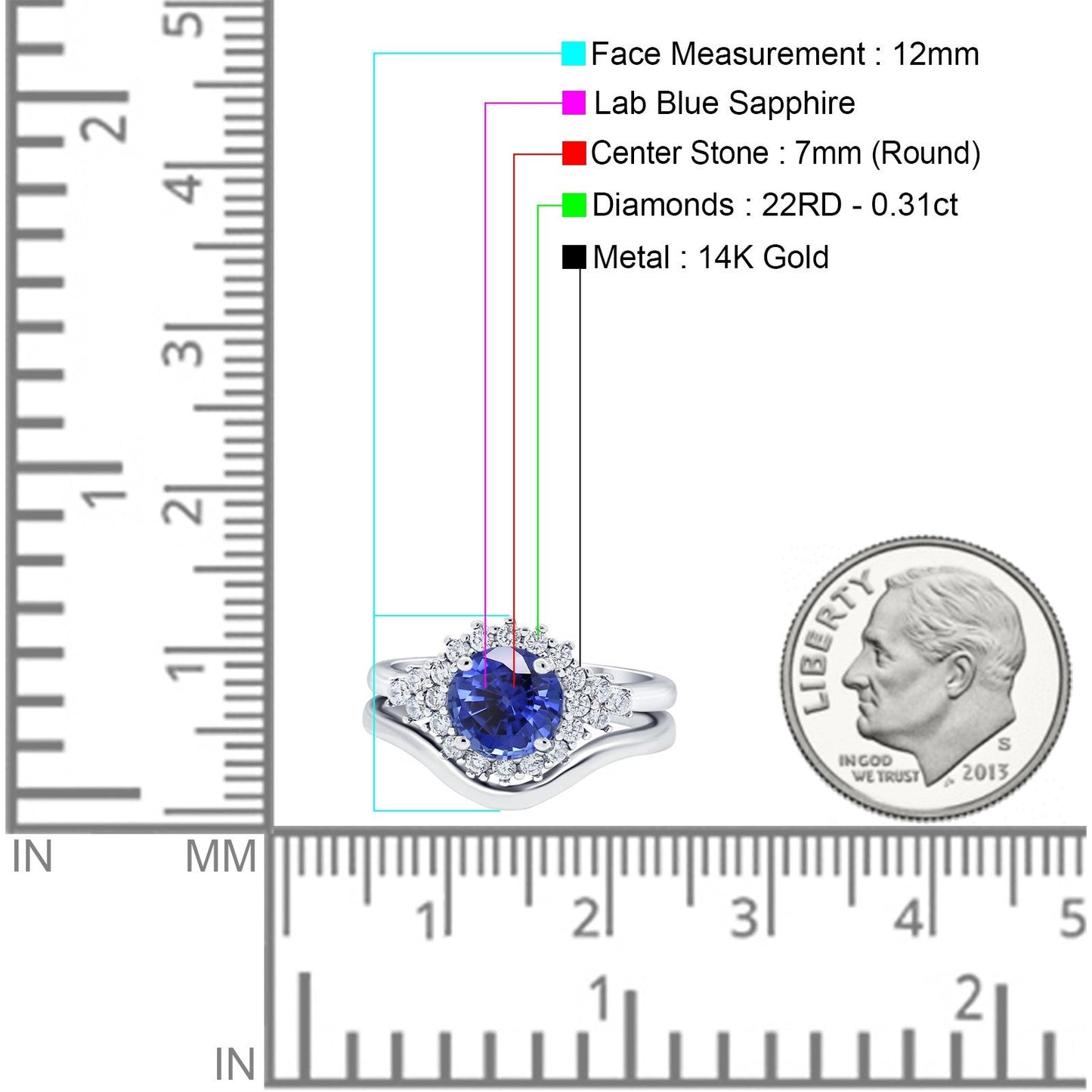 14K White Gold 1.59ct Round Two Piece Halo 7mm G SI Nano Blue Sapphire Diamond Engagement Wedding Ring Size 6.5