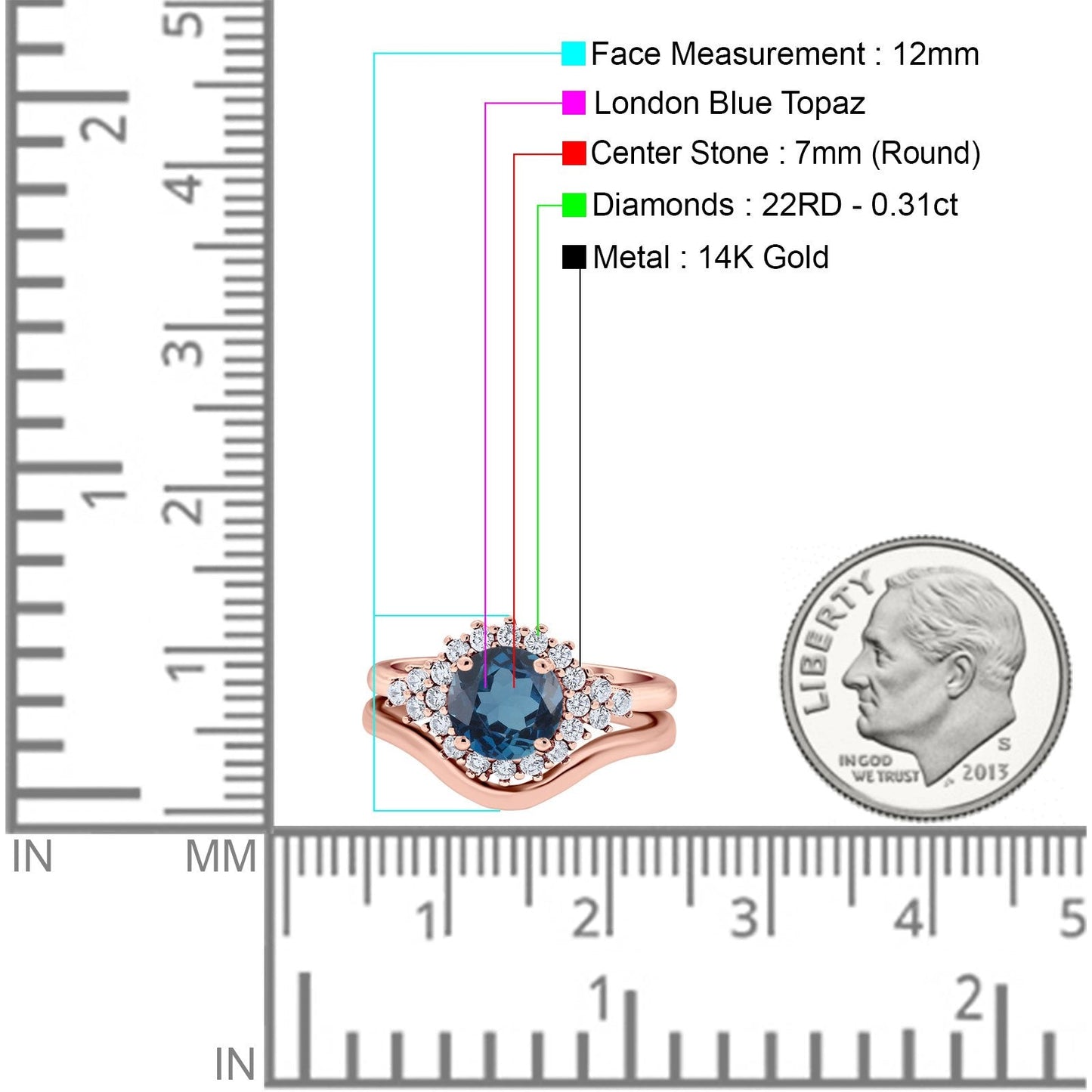 14K Rose Gold 1.59ct Round Two Piece Halo 7mm G SI London Blue Topaz Diamond Engagement Wedding Ring Size 6.5