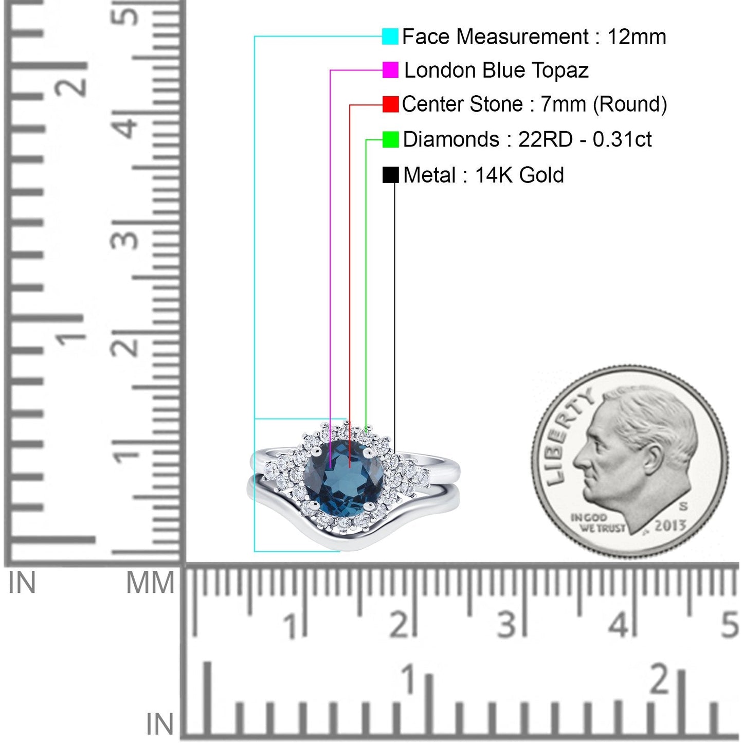 14K White Gold 1.59ct Round Two Piece Halo 7mm G SI London Blue Topaz Diamond Engagement Wedding Ring Size 6.5