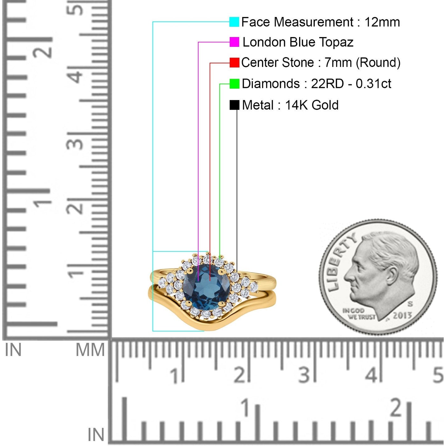 14K Yellow Gold 1.59ct Round Two Piece Halo 7mm G SI London Blue Topaz Diamond Engagement Wedding Ring Size 6.5