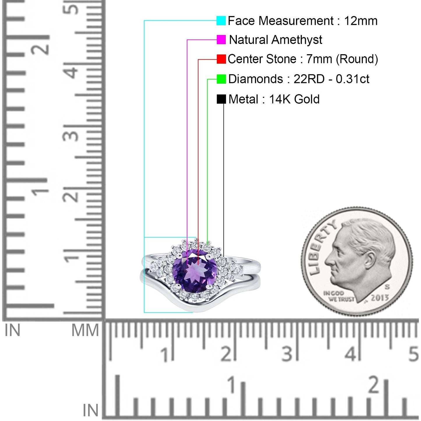 14K White Gold 1.59ct Round Two Piece Halo 7mm G SI Natural Amethyst Diamond Engagement Wedding Ring Size 6.5