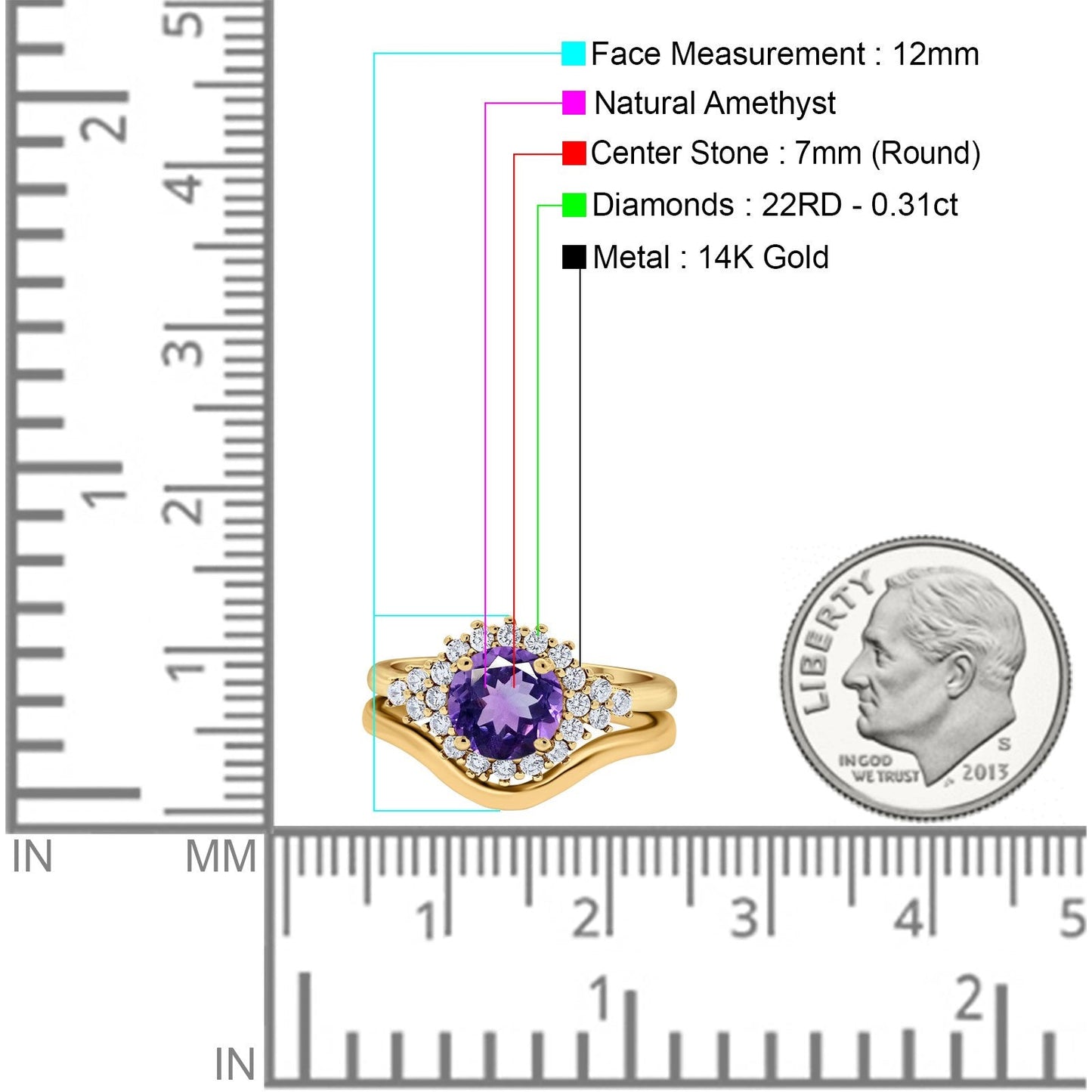 14K Yellow Gold 1.59ct Round Two Piece Halo 7mm G SI Natural Amethyst Diamond Engagement Wedding Ring Size 6.5