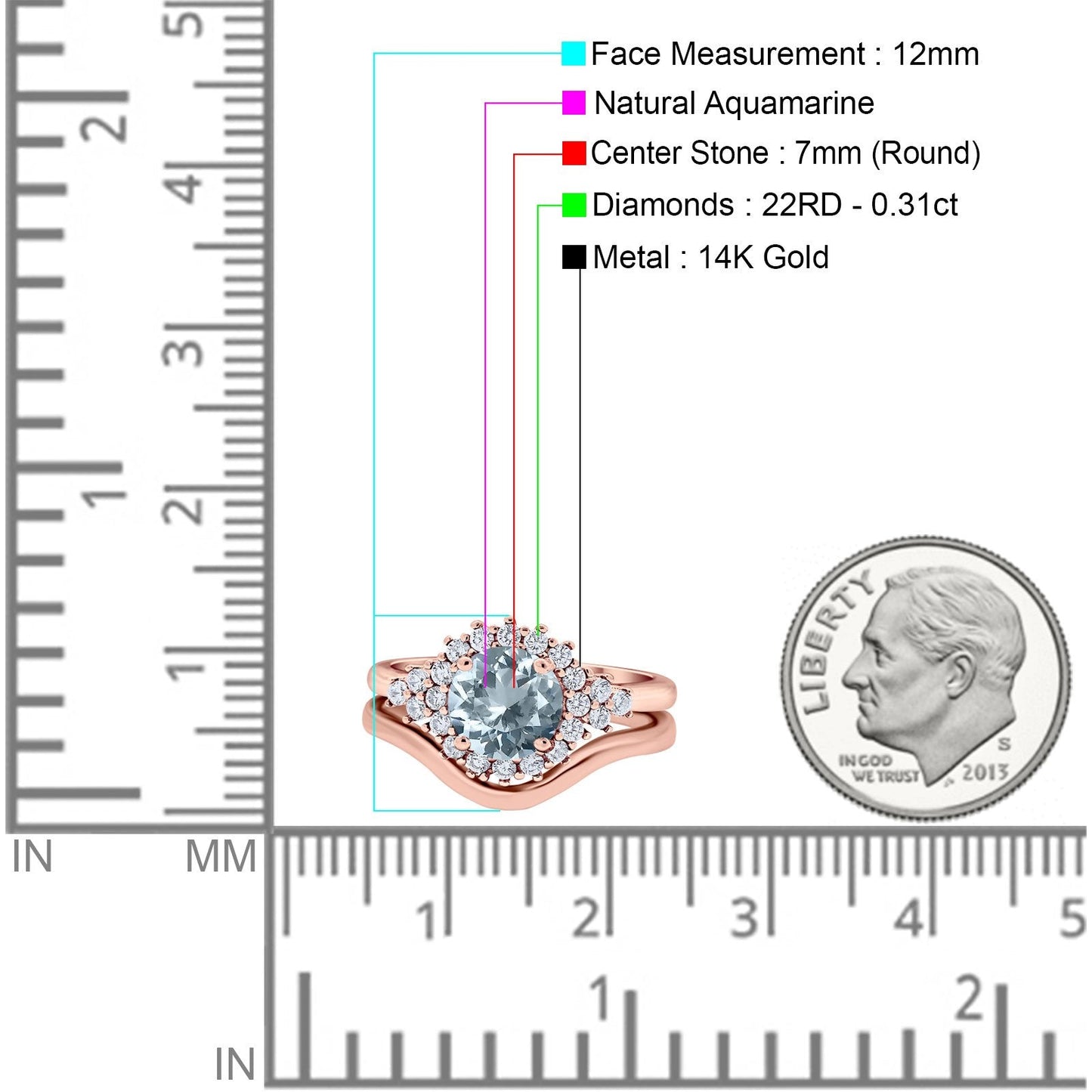 14K Rose Gold 1.59ct Round Two Piece Halo 7mm G SI Natural Aquamarine Diamond Engagement Wedding Ring Size 6.5