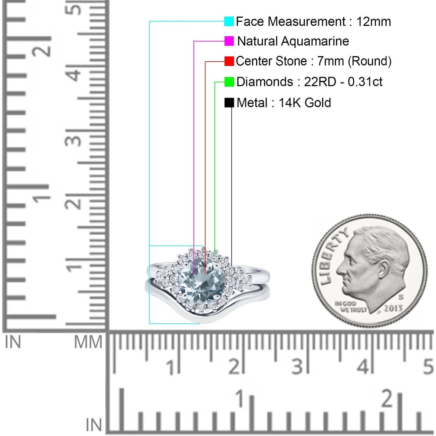 14K White Gold 1.59ct Round Two Piece Halo 7mm G SI Natural Aquamarine Diamond Engagement Wedding Ring Size 6.5